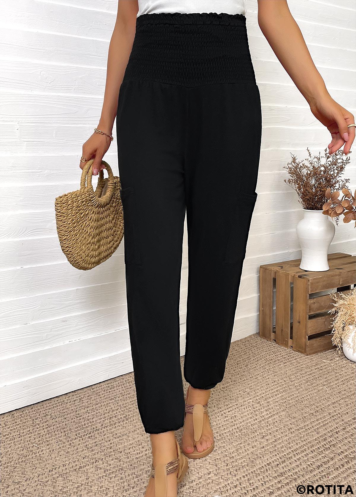 Black bottoms,Plain Color bottoms,Pocket Black Jogger Elastic Waist High Waisted Pants