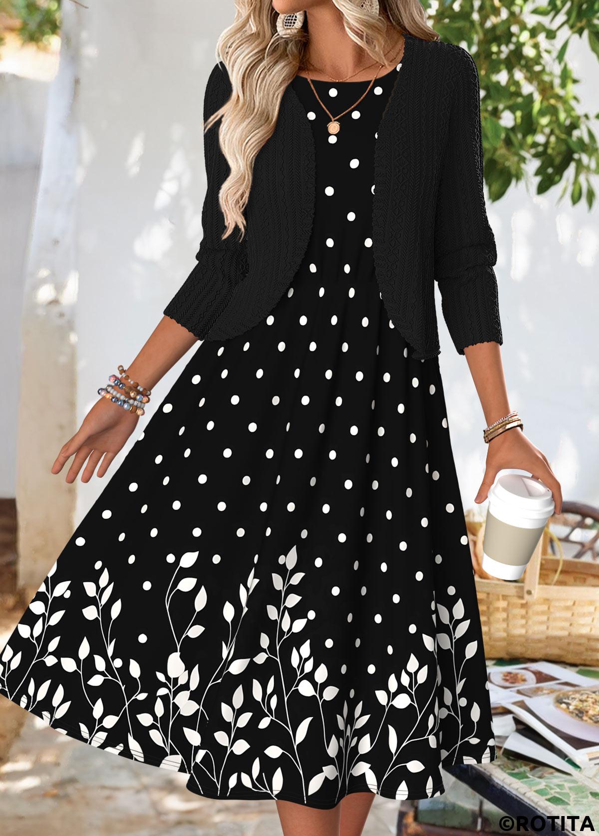 Black dresses,Plants dresses,Dot dresses,Everyday dresses,Casual dresses,ROTITA Tummy Coverage Floral Print Black Dress and Cardigan