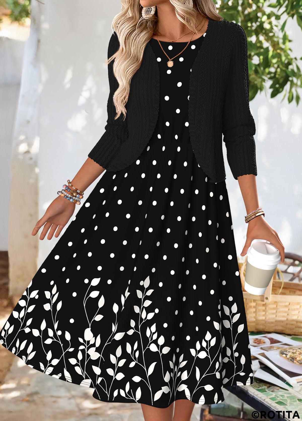Black dresses,Plants dresses,Dot dresses,Everyday dresses,Casual dresses,ROTITA Tummy Coverage Floral Print Black Dress and Cardigan
