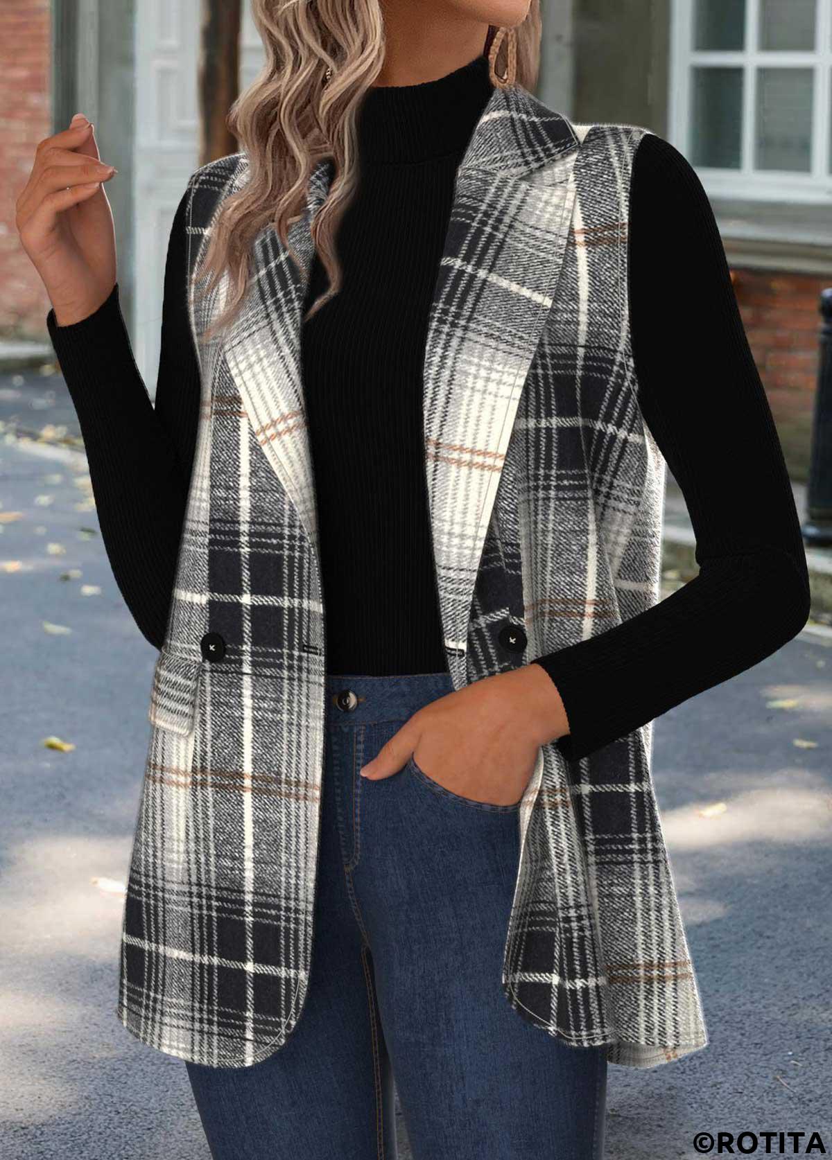 Black tops,Plaid tops,Geometric tops,ROTITA Tummy Coverage Plaid Black Lapel Sleeveless Waistcoat