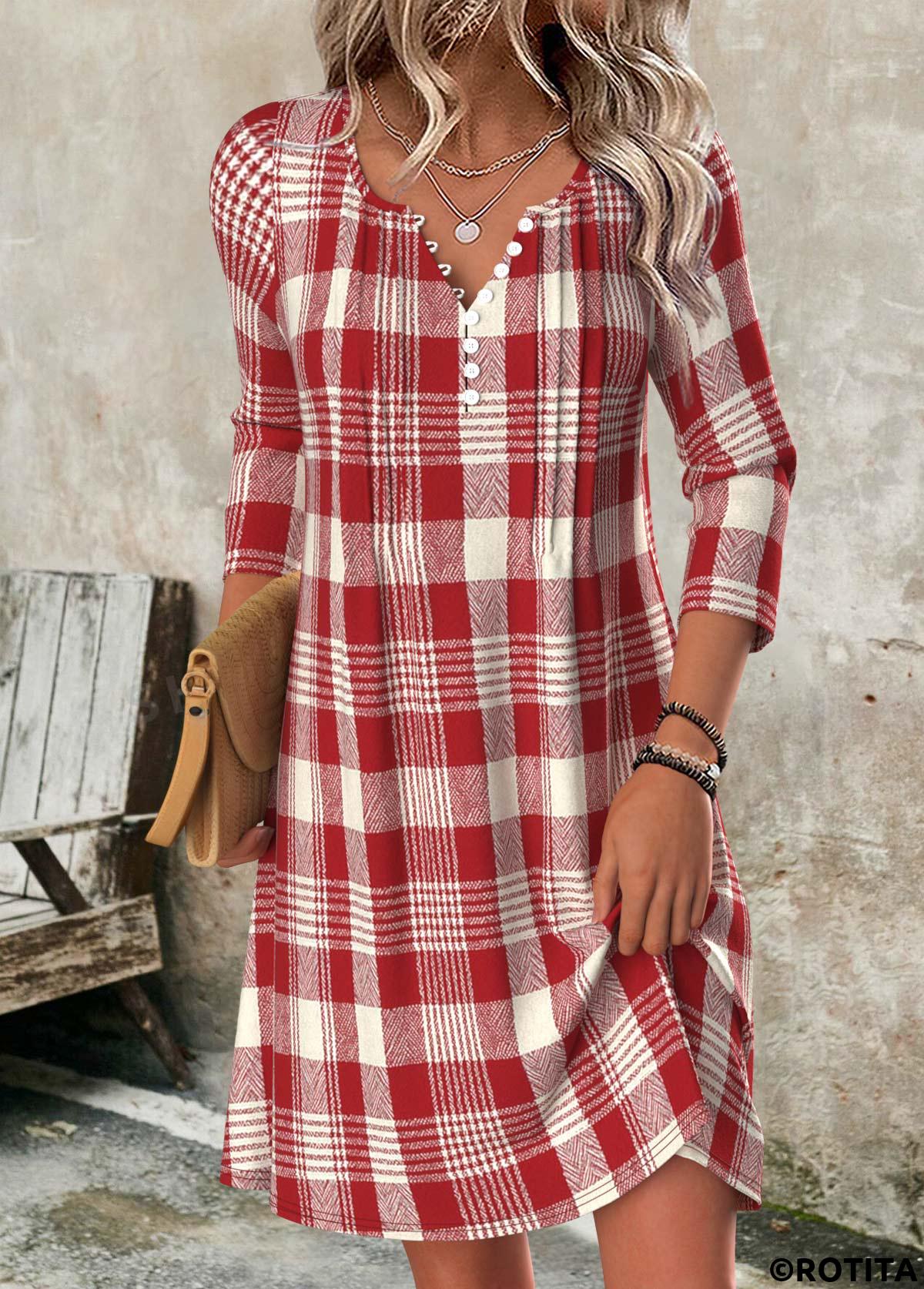 Red dresses,Plaid dresses,Geometric dresses,Everyday dresses,Casual dresses,ROTITA Tummy Coverage Plaid Red Short Split Neck Dress