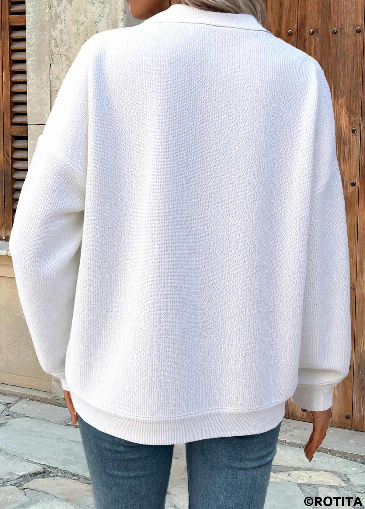 White tops,Plain Color tops,ROTITA Zipper Turn Down Collar Long Sleeve Sweatshirt