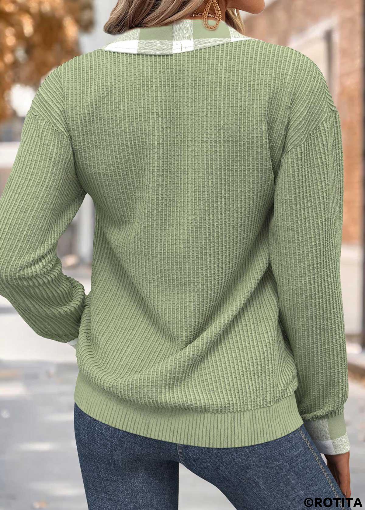 Sage Green tops,Plaid tops,Geometric tops,ROTITA Tummy Coverage Plaid Sage Green Turn Down Collar Sweatshirt