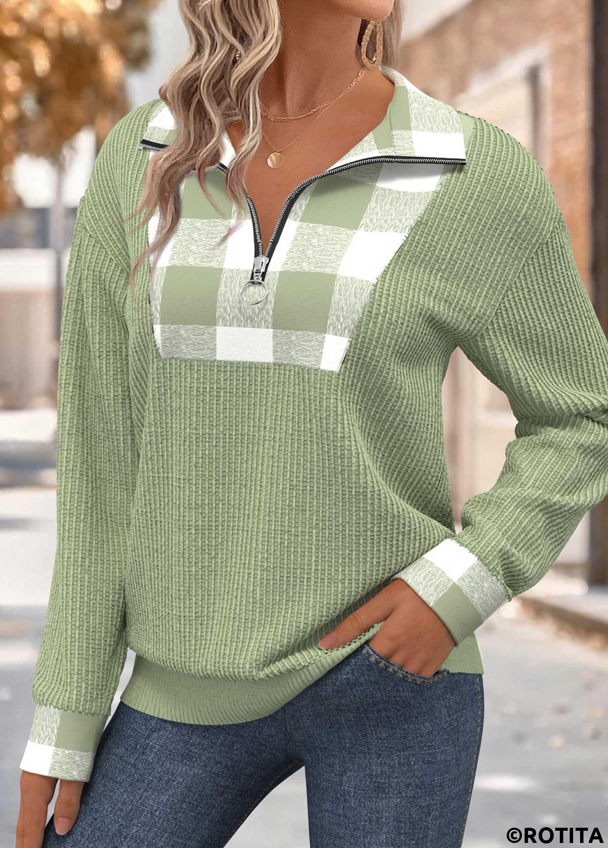 Sage Green tops,Plaid tops,Geometric tops,ROTITA Tummy Coverage Plaid Sage Green Turn Down Collar Sweatshirt