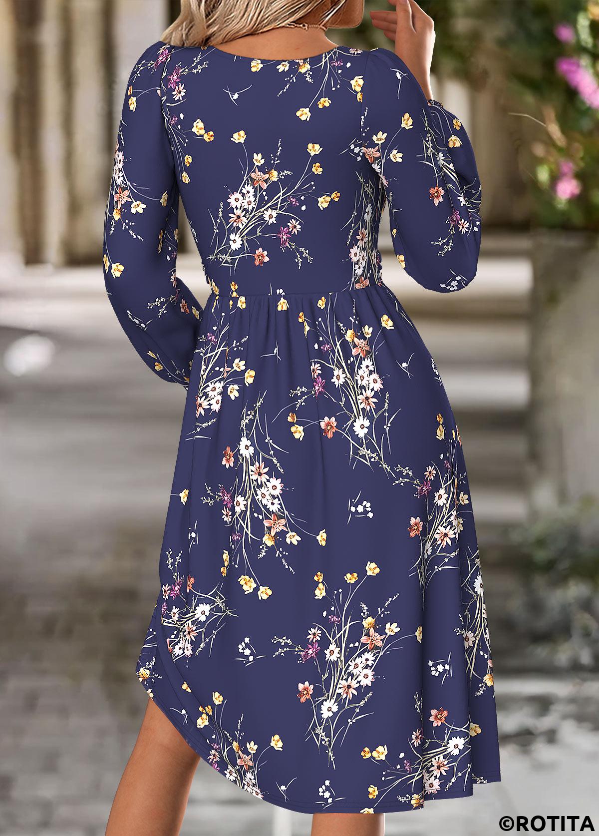 Navy dresses,Floral dresses,Plants dresses,Everyday dresses,Casual dresses,ROTITA Tummy Coverage Floral Print Navy Round Neck Dress