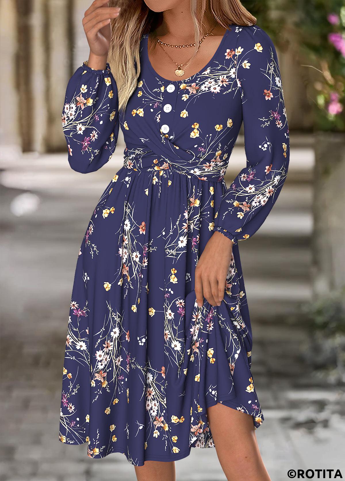 Navy dresses,Floral dresses,Plants dresses,Everyday dresses,Casual dresses,ROTITA Tummy Coverage Floral Print Navy Round Neck Dress