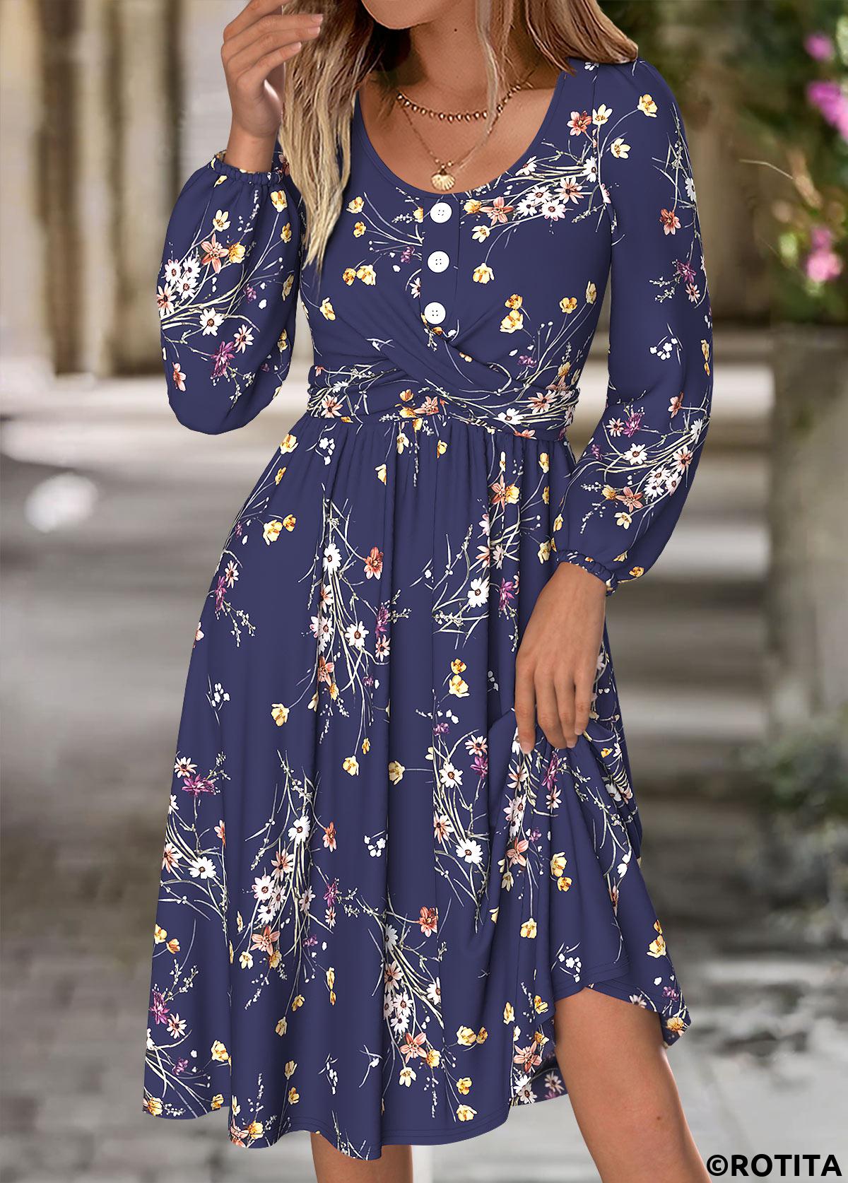 Navy dresses,Floral dresses,Plants dresses,Everyday dresses,Casual dresses,ROTITA Tummy Coverage Floral Print Navy Round Neck Dress