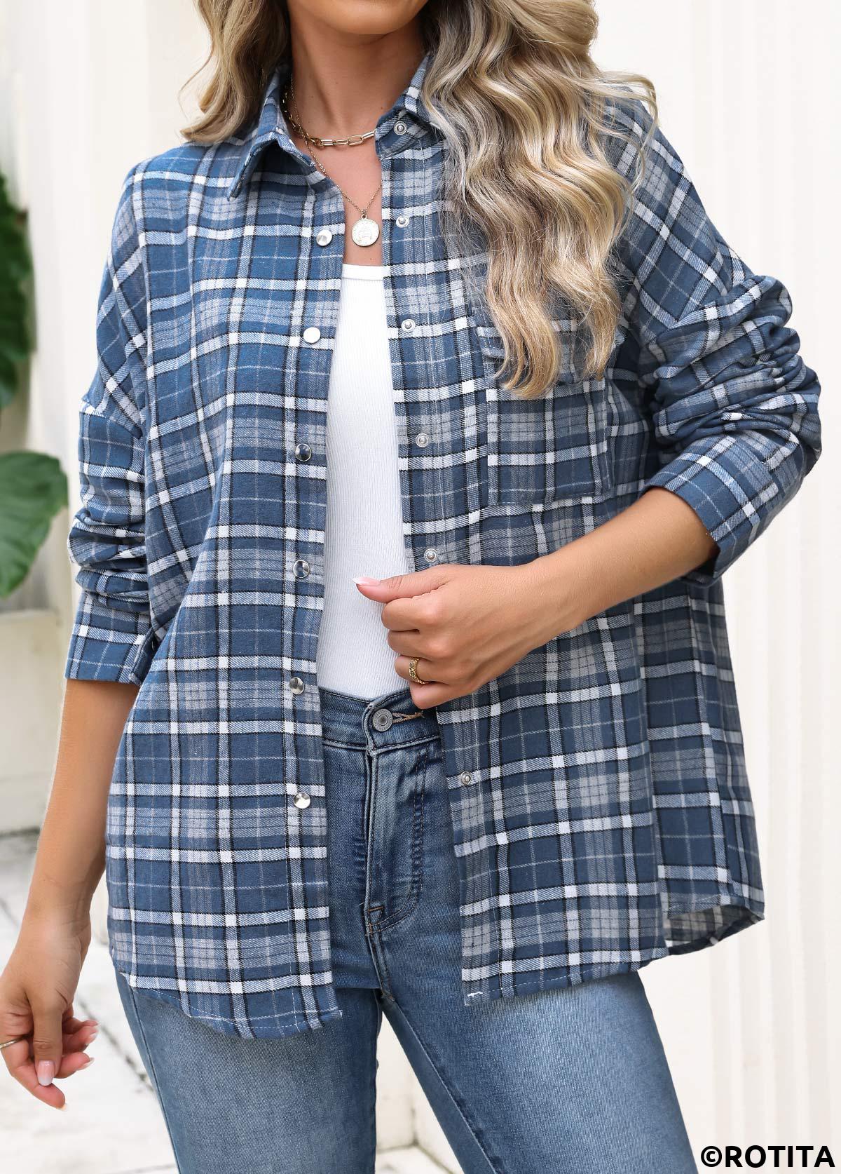 Blue tops,Plaid tops,Geometric tops,ROTITA Patch Pocket Plaid Blue Long Sleeve Shirt