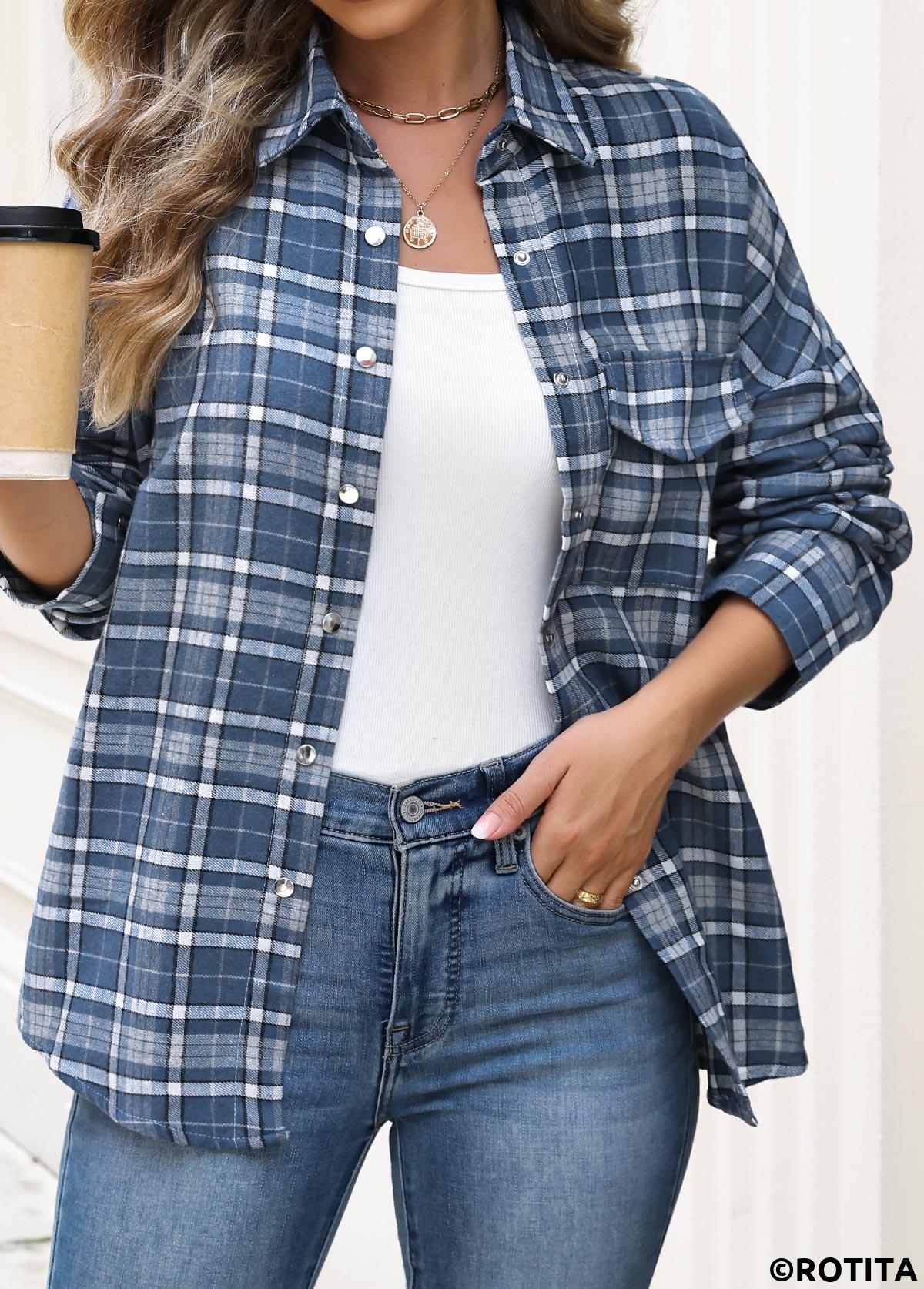 Blue tops,Plaid tops,Geometric tops,ROTITA Patch Pocket Plaid Blue Long Sleeve Shirt