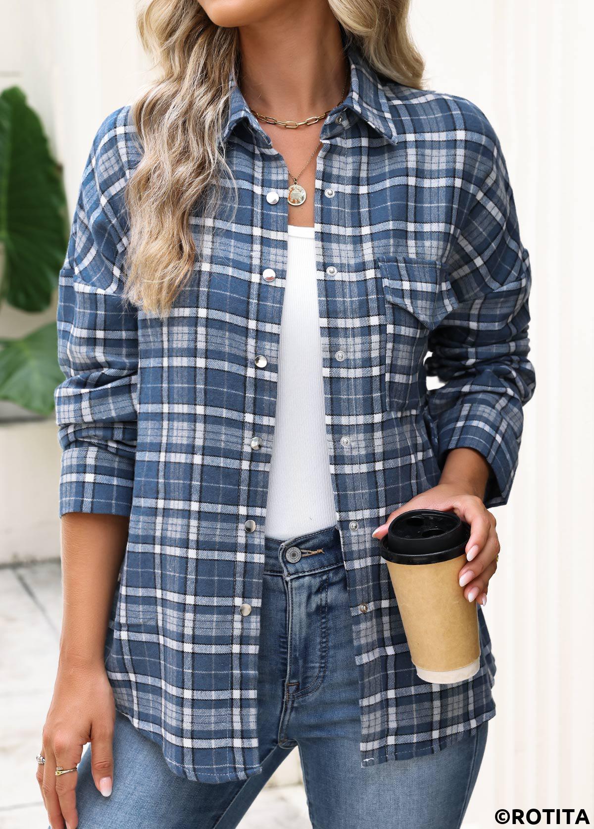 Blue tops,Plaid tops,Geometric tops,ROTITA Patch Pocket Plaid Blue Long Sleeve Shirt