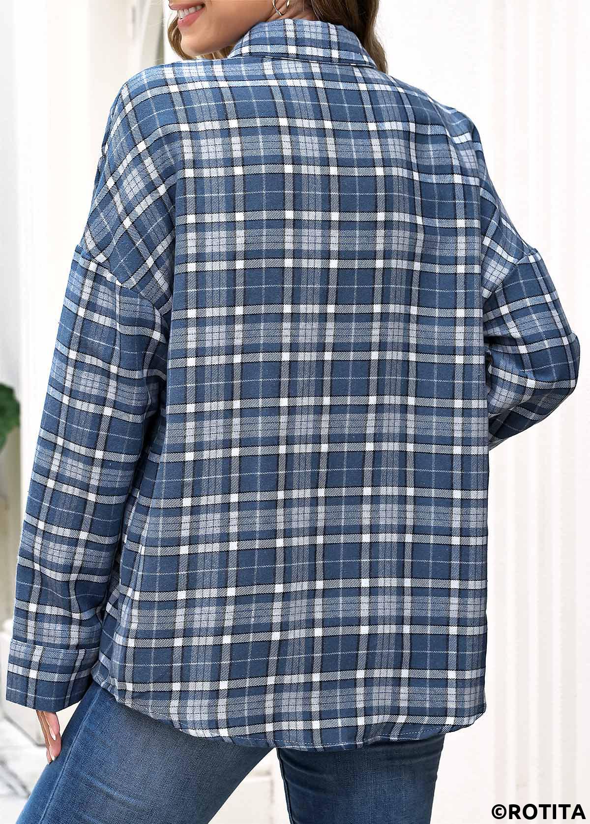 Blue tops,Plaid tops,Geometric tops,ROTITA Patch Pocket Plaid Blue Long Sleeve Shirt
