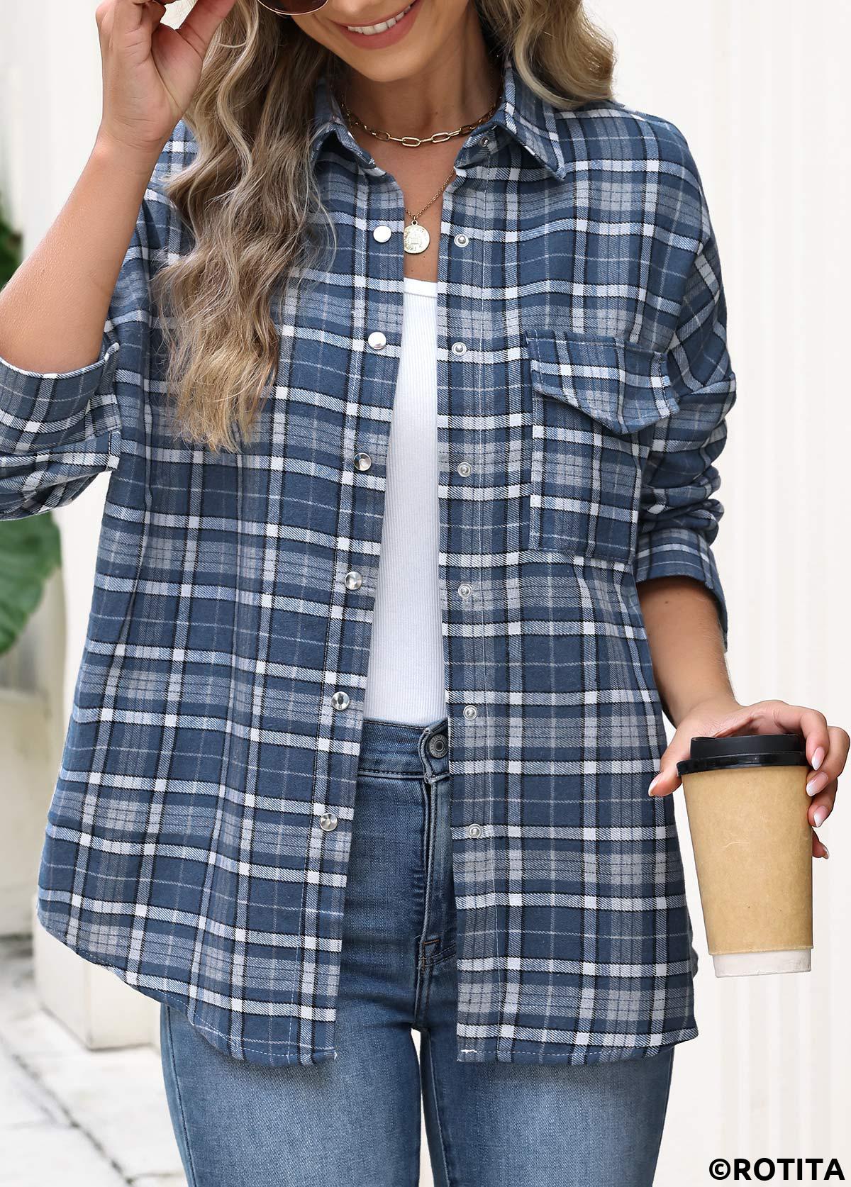Blue tops,Plaid tops,Geometric tops,ROTITA Patch Pocket Plaid Blue Long Sleeve Shirt