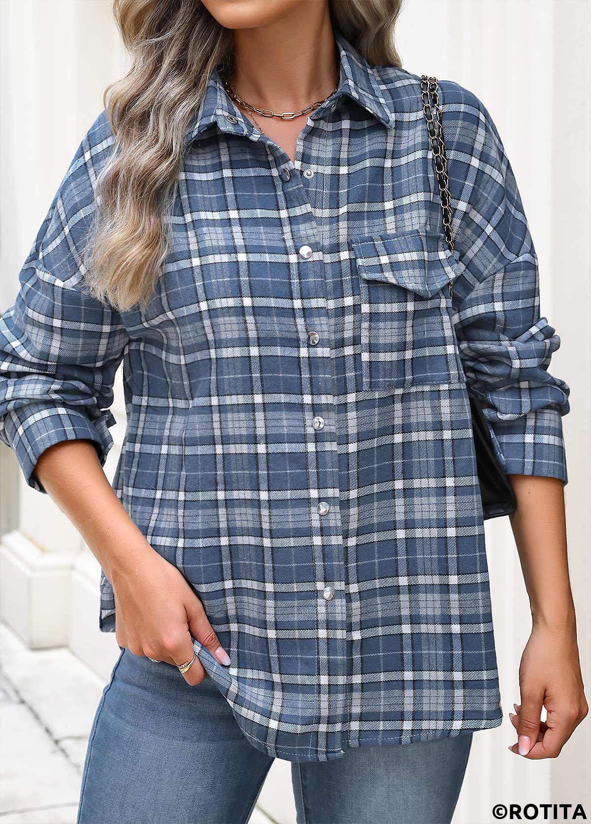 Blue tops,Plaid tops,Geometric tops,ROTITA Patch Pocket Plaid Blue Long Sleeve Shirt