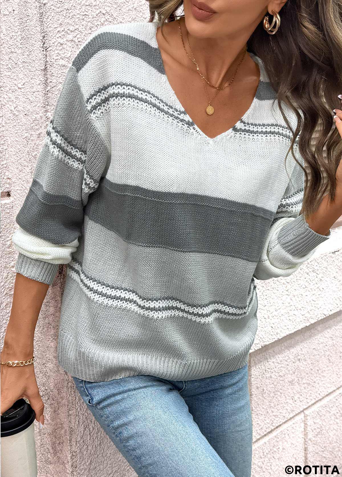 Grey tops,Striped tops,Geometric tops,Tummy Coverage Striped Grey V Neck Long Sleeve Sweater