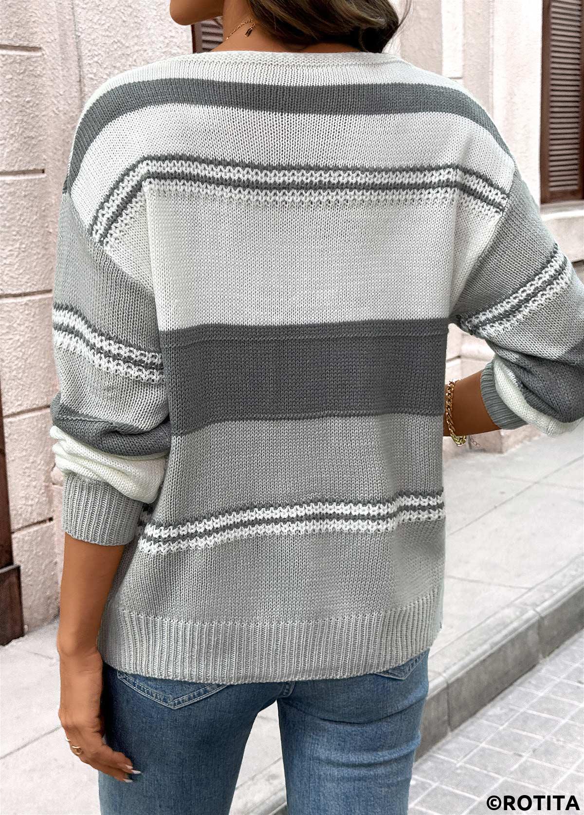 Grey tops,Striped tops,Geometric tops,Tummy Coverage Striped Grey V Neck Long Sleeve Sweater