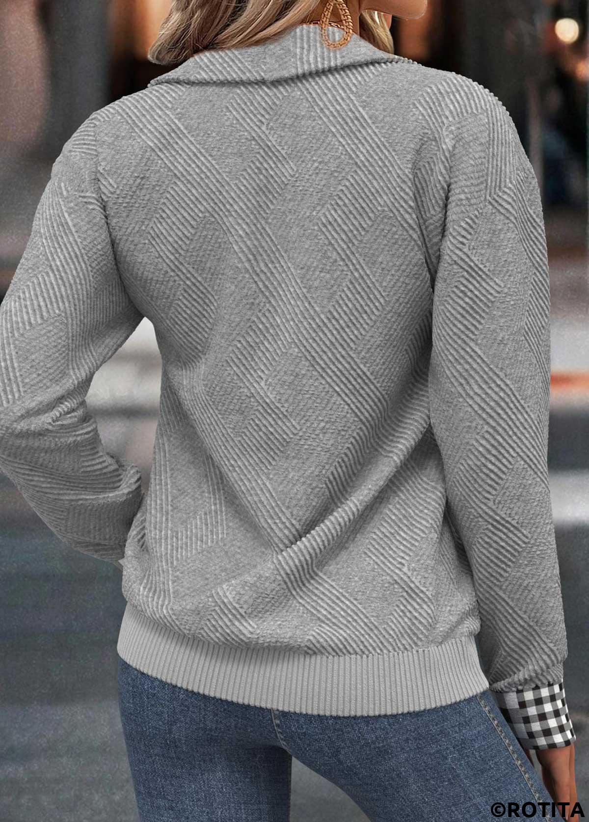 Light Grey tops,Plaid tops,Geometric tops,ROTITA Tummy Coverage Plaid Light Grey Turn Down Collar Sweatshirt