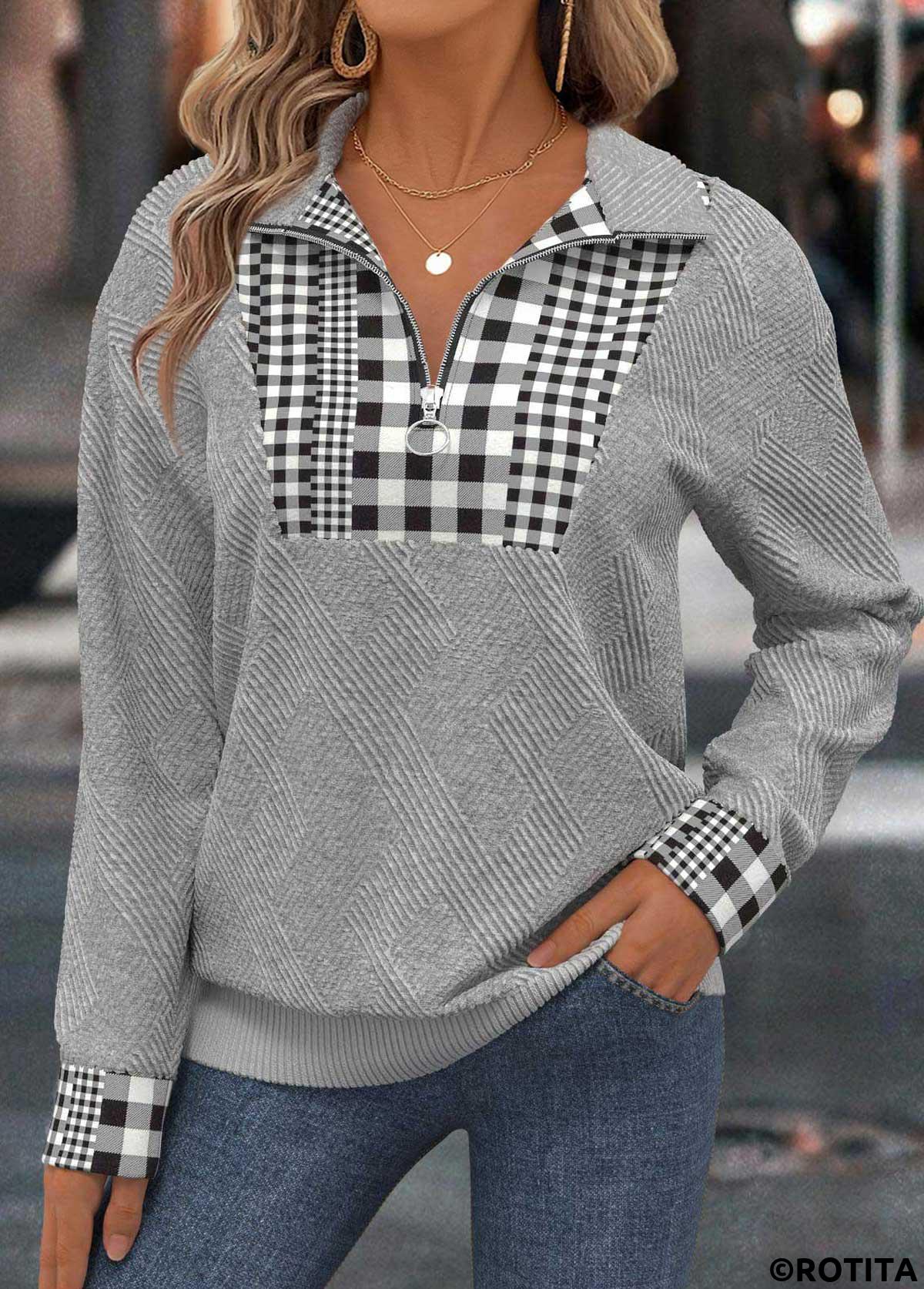 Light Grey tops,Plaid tops,Geometric tops,ROTITA Tummy Coverage Plaid Light Grey Turn Down Collar Sweatshirt