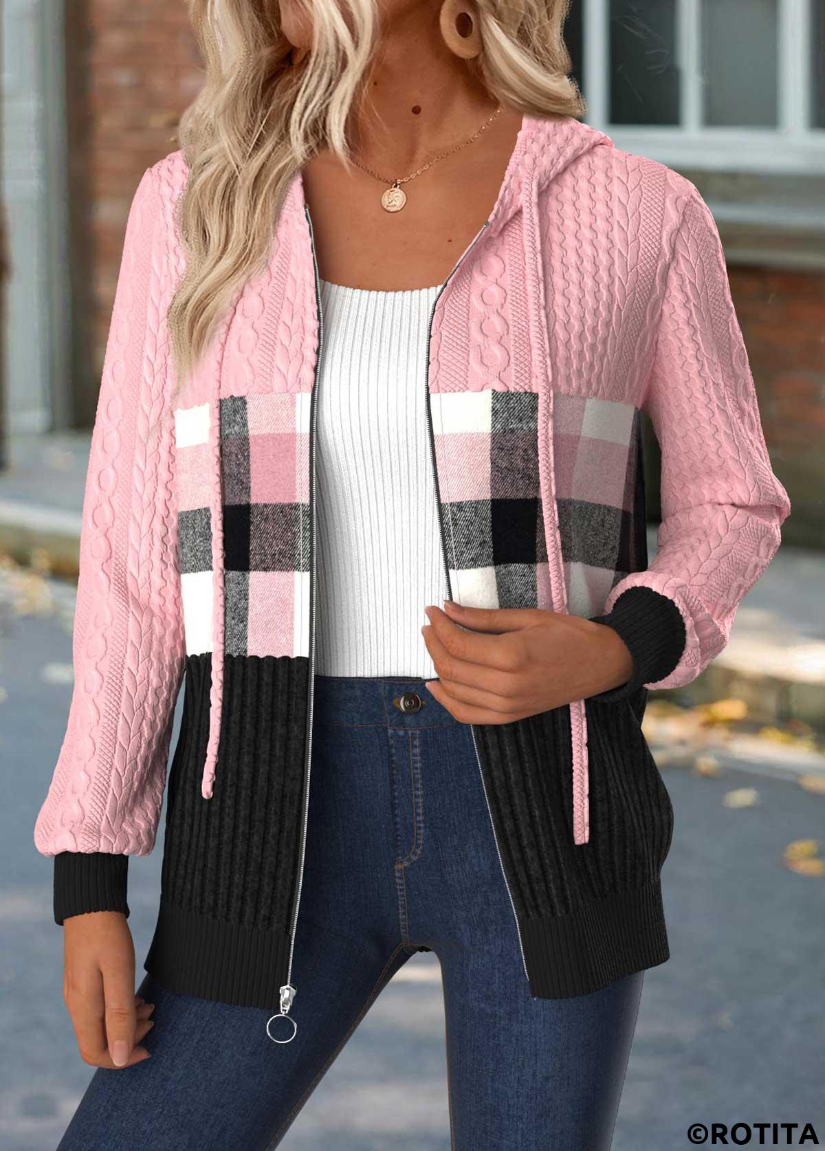 Light Pink tops,Plaid tops,Geometric tops,ROTITA Tummy Coverage Plaid Light Pink Hooded Long Sleeve Coat