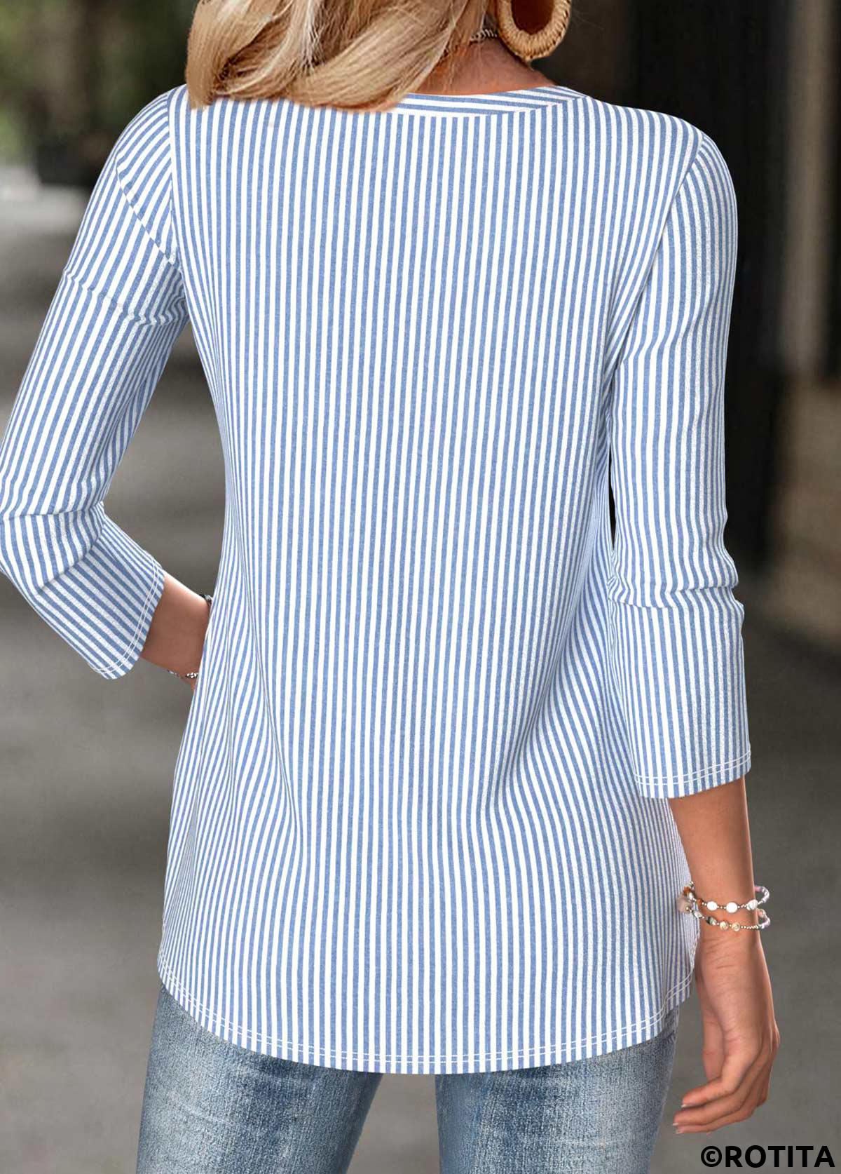 Light Blue tops,Striped tops,Geometric tops,ROTITA Fake 2in1 Striped Light Blue Split Neck T Shirt