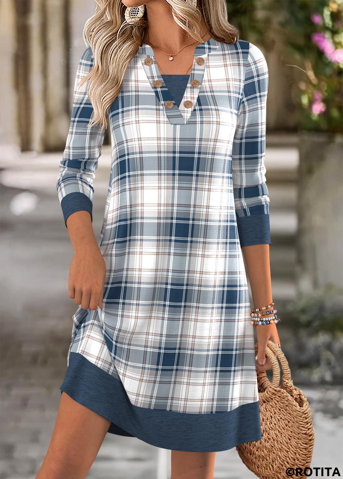 Dusty Blue dresses,Plaid dresses,Geometric dresses,Everyday dresses,Casual dresses,ROTITA Tummy Coverage Plaid Dusty Blue Short V Neck Dress