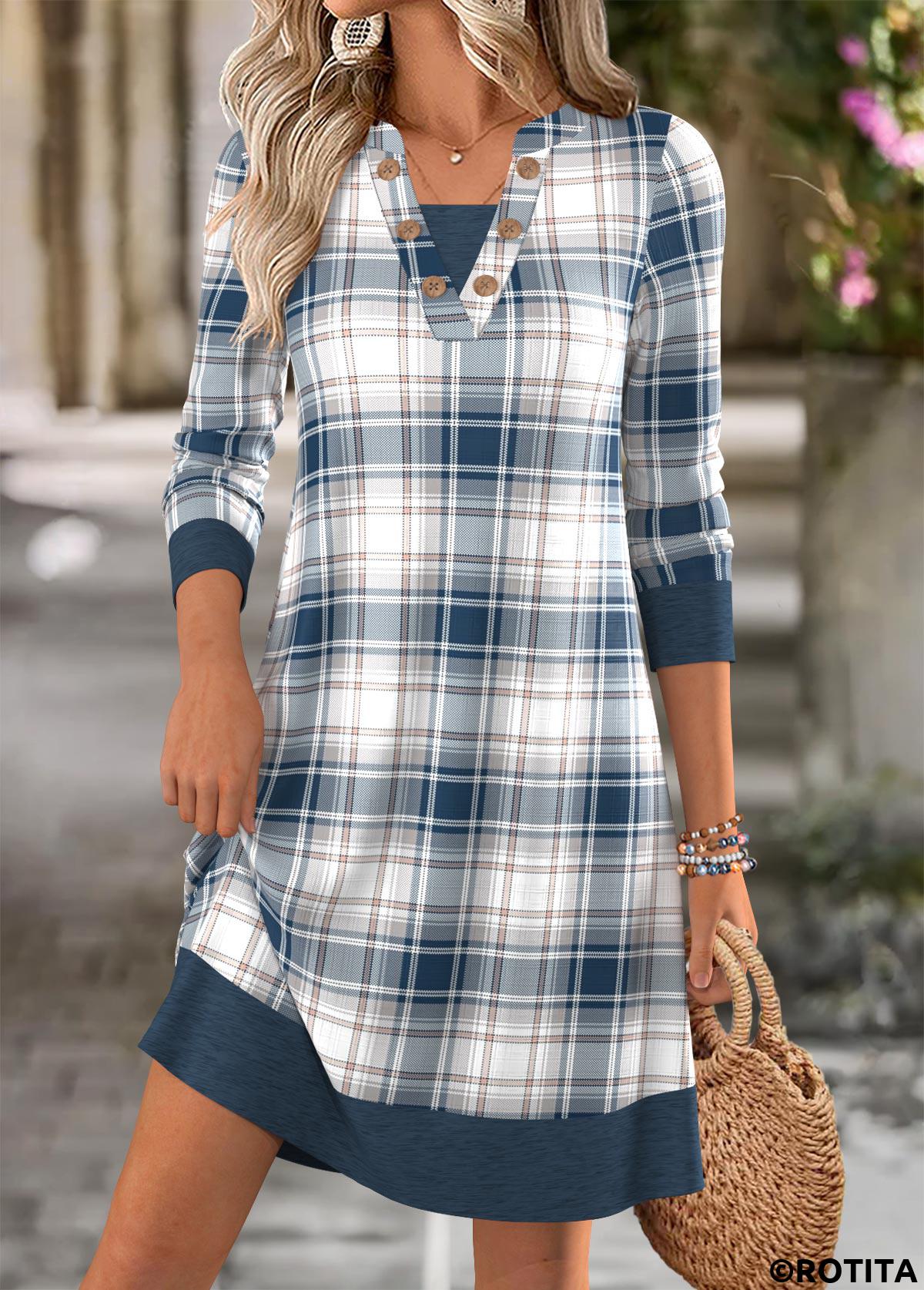 Dusty Blue dresses,Plaid dresses,Geometric dresses,Everyday dresses,Casual dresses,ROTITA Tummy Coverage Plaid Dusty Blue Short V Neck Dress