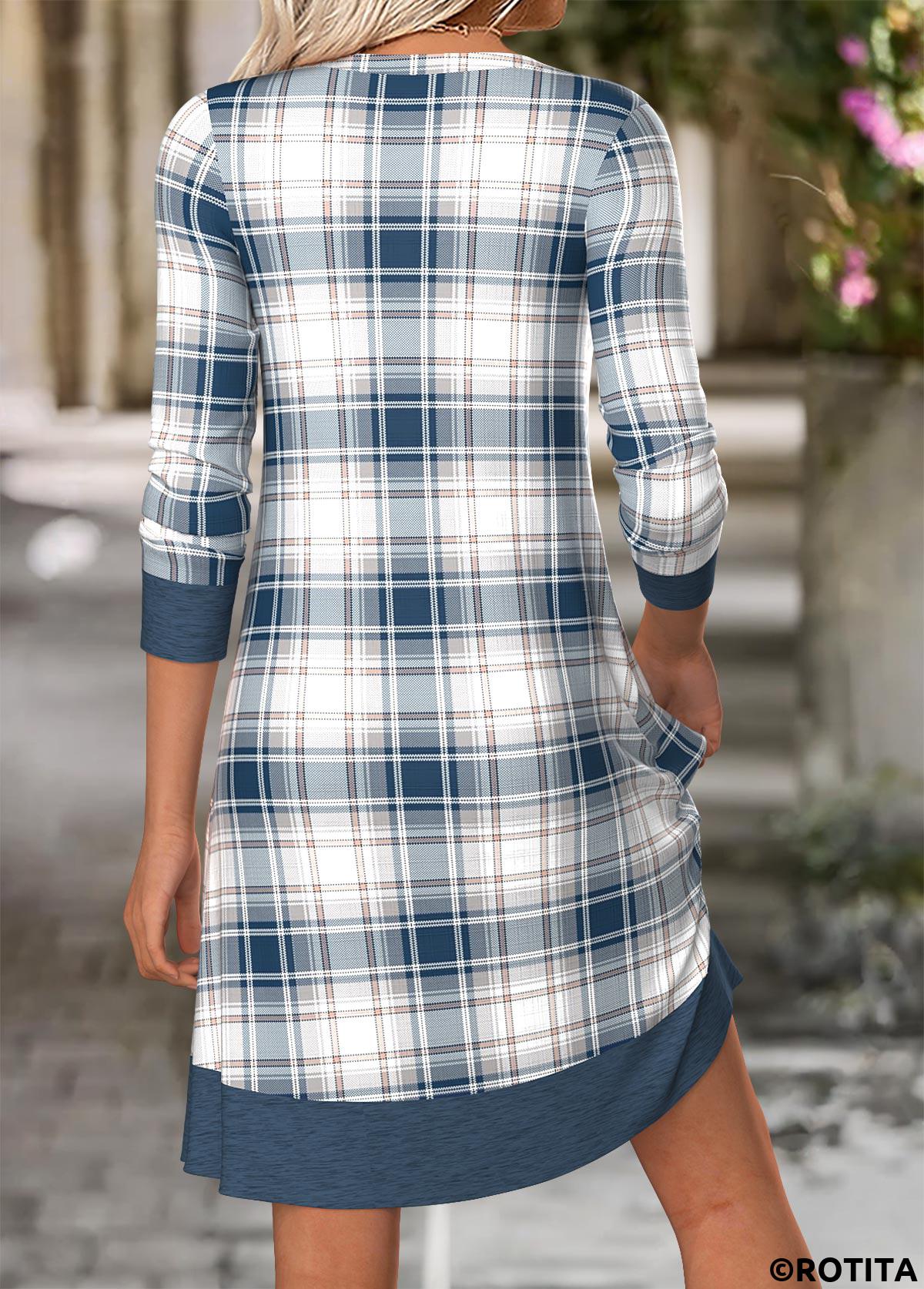 Dusty Blue dresses,Plaid dresses,Geometric dresses,Everyday dresses,Casual dresses,ROTITA Tummy Coverage Plaid Dusty Blue Short V Neck Dress