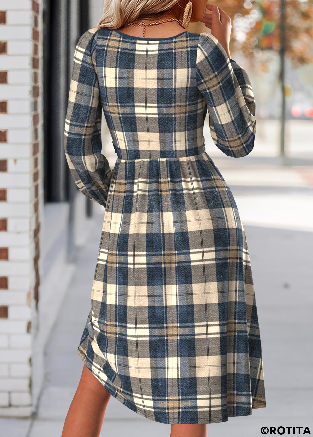 Multi Color dresses,Plaid dresses,Geometric dresses,Everyday dresses,Casual dresses,ROTITA Tummy Coverage Plaid Multi Color Round Neck Dress
