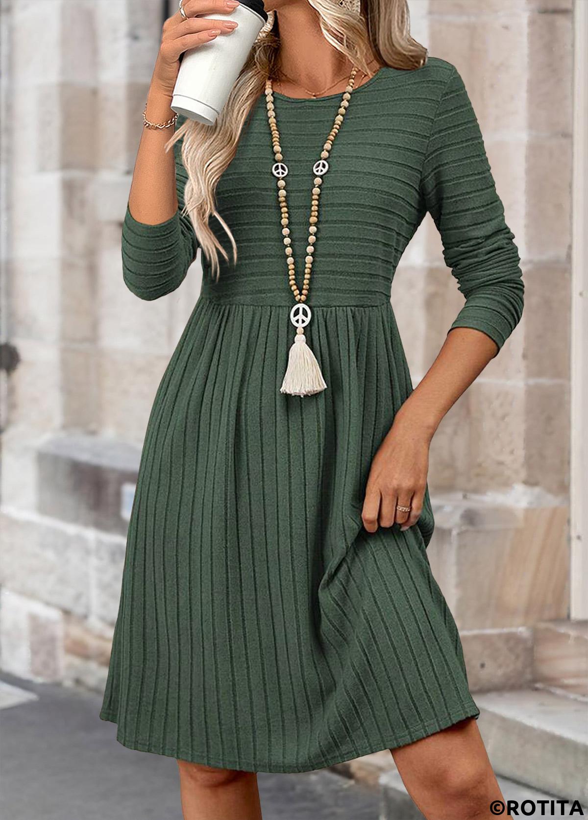 Sage Green dresses,Plain Color dresses,Everyday dresses,Casual dresses,ROTITA Tummy Coverage Sage Green Round Neck Long Sleeve Dress