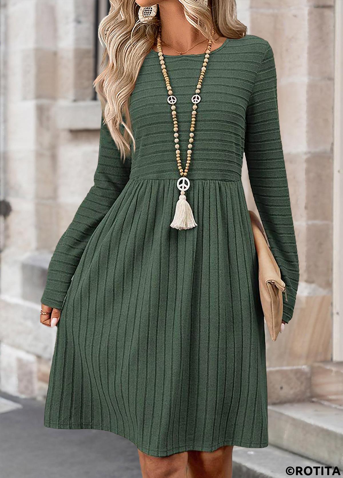 Sage Green dresses,Plain Color dresses,Everyday dresses,Casual dresses,ROTITA Tummy Coverage Sage Green Round Neck Long Sleeve Dress