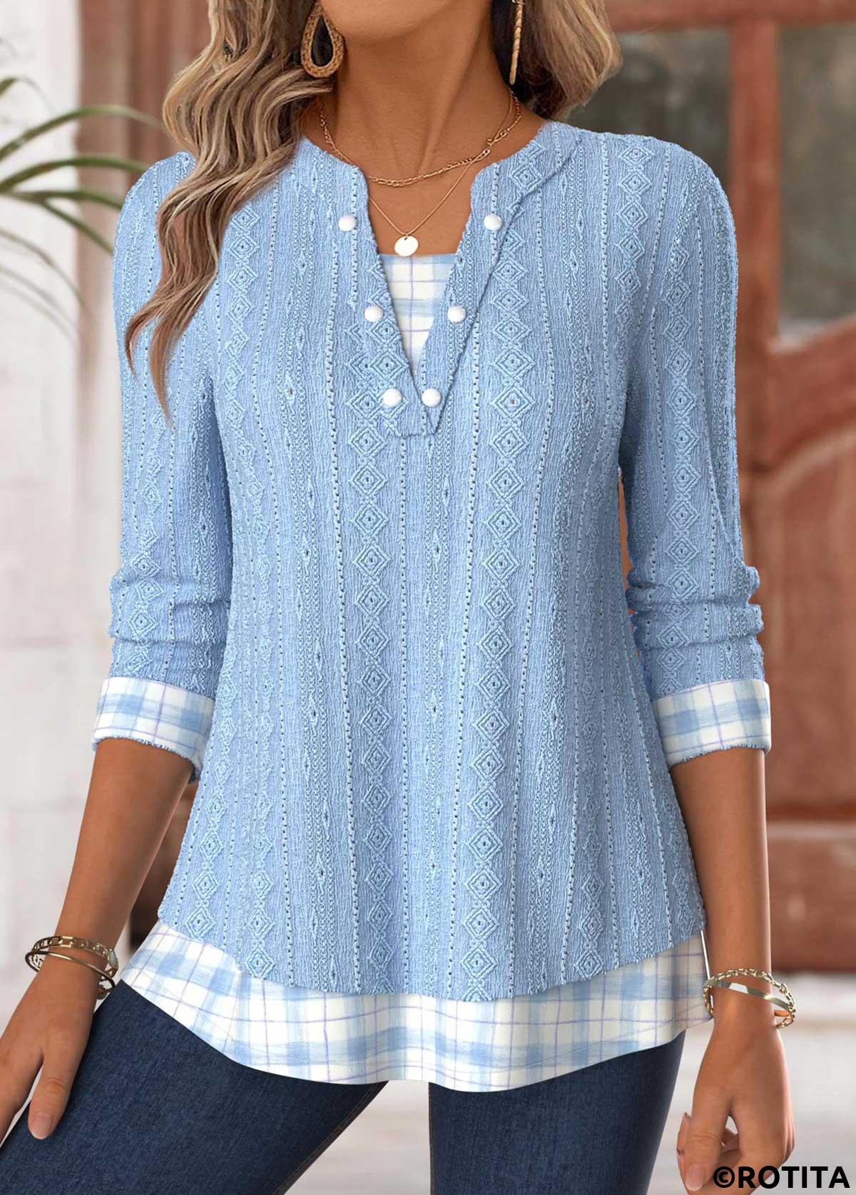 Light Blue tops,Plaid tops,Geometric tops,ROTITA Tummy Coverage Plaid Light Blue Split Neck T Shirt