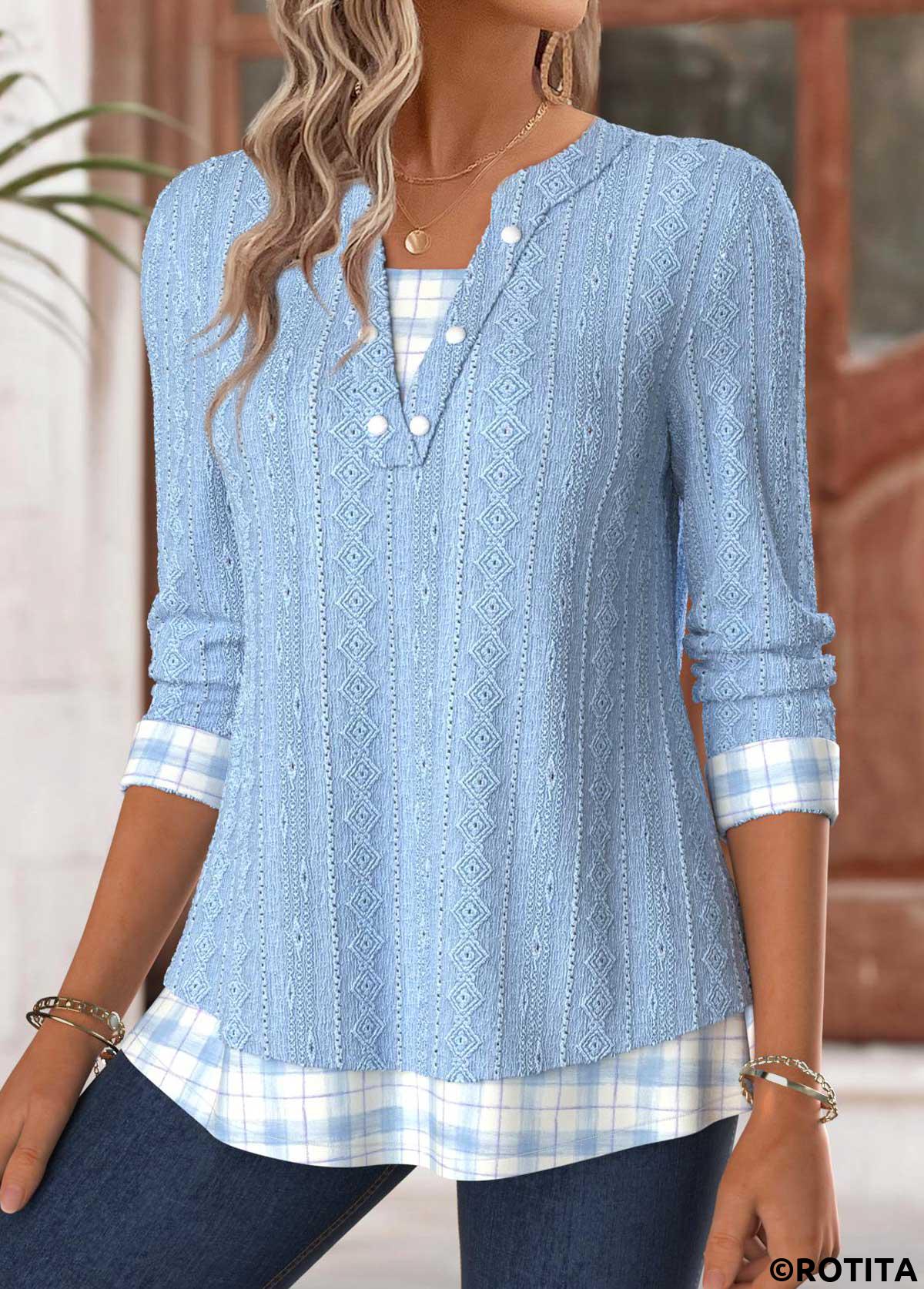 Light Blue tops,Plaid tops,Geometric tops,ROTITA Tummy Coverage Plaid Light Blue Split Neck T Shirt
