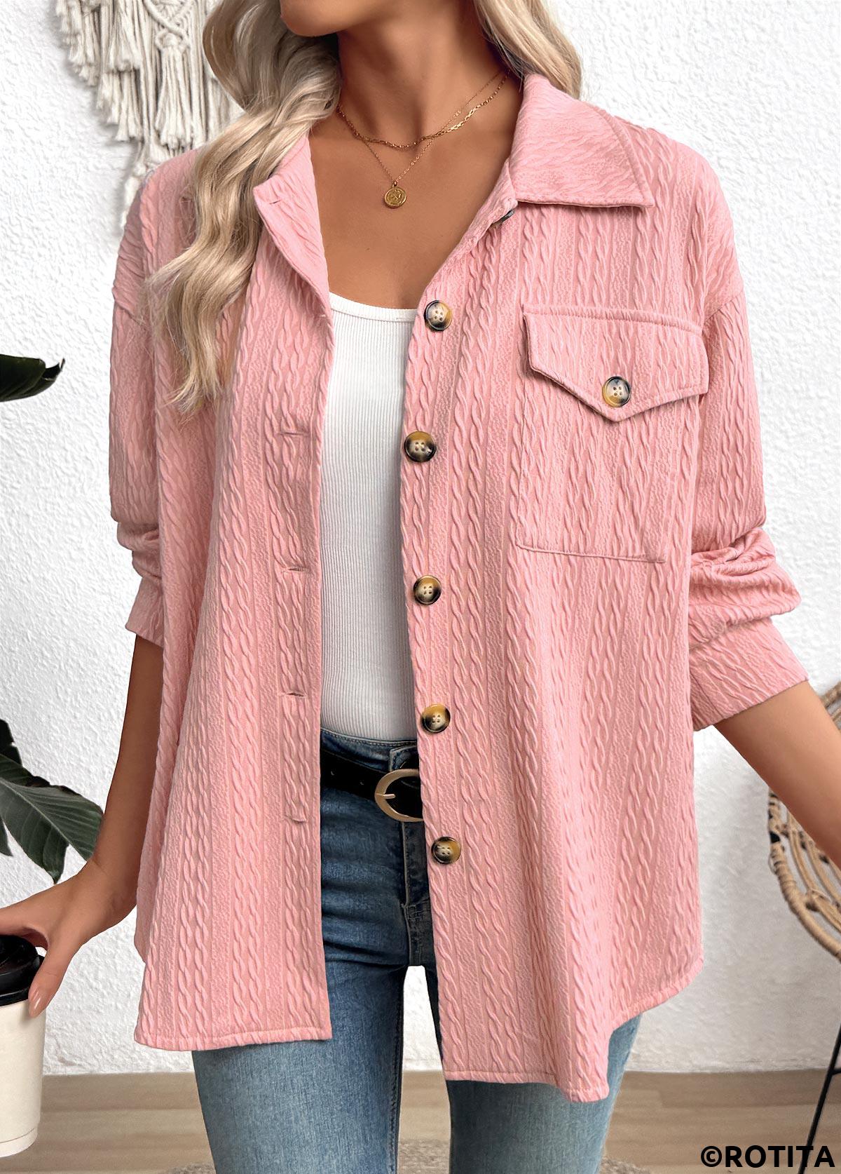 Pink tops,Plain Color tops,ROTITA Curved Hem Pink Turn Down Collar Long Sleeve Shirt