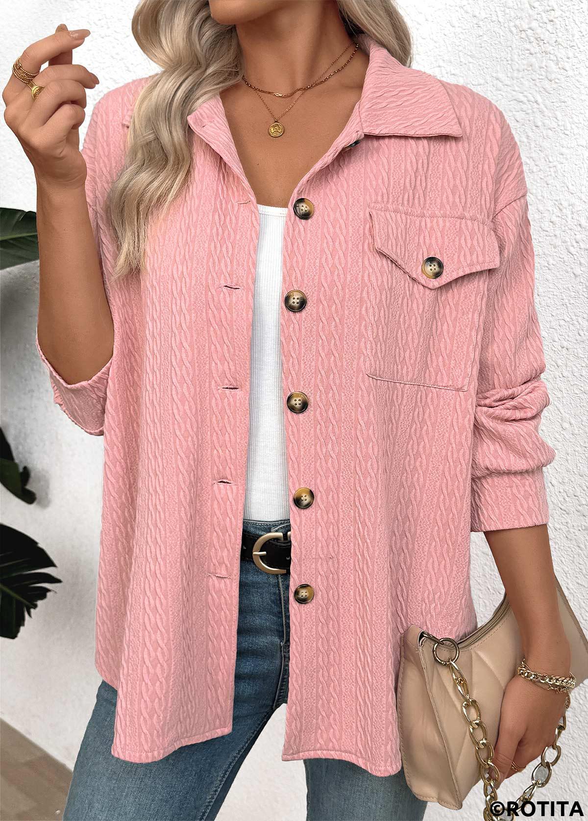 Pink tops,Plain Color tops,ROTITA Curved Hem Pink Turn Down Collar Long Sleeve Shirt