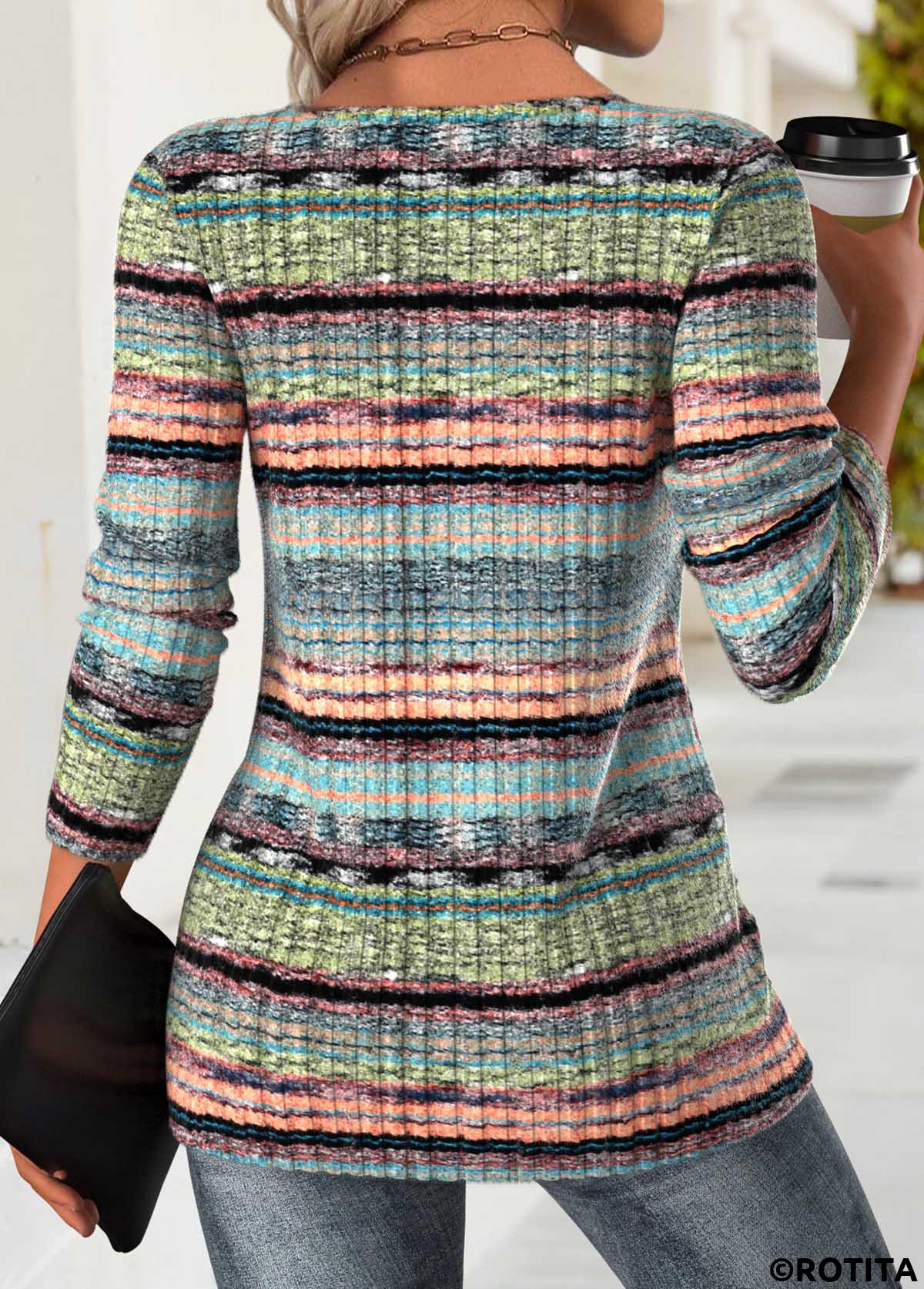 Multi Color tops,Striped tops,Geometric tops,ROTITA Tummy Coverage Striped Multi Color Round Neck T Shirt