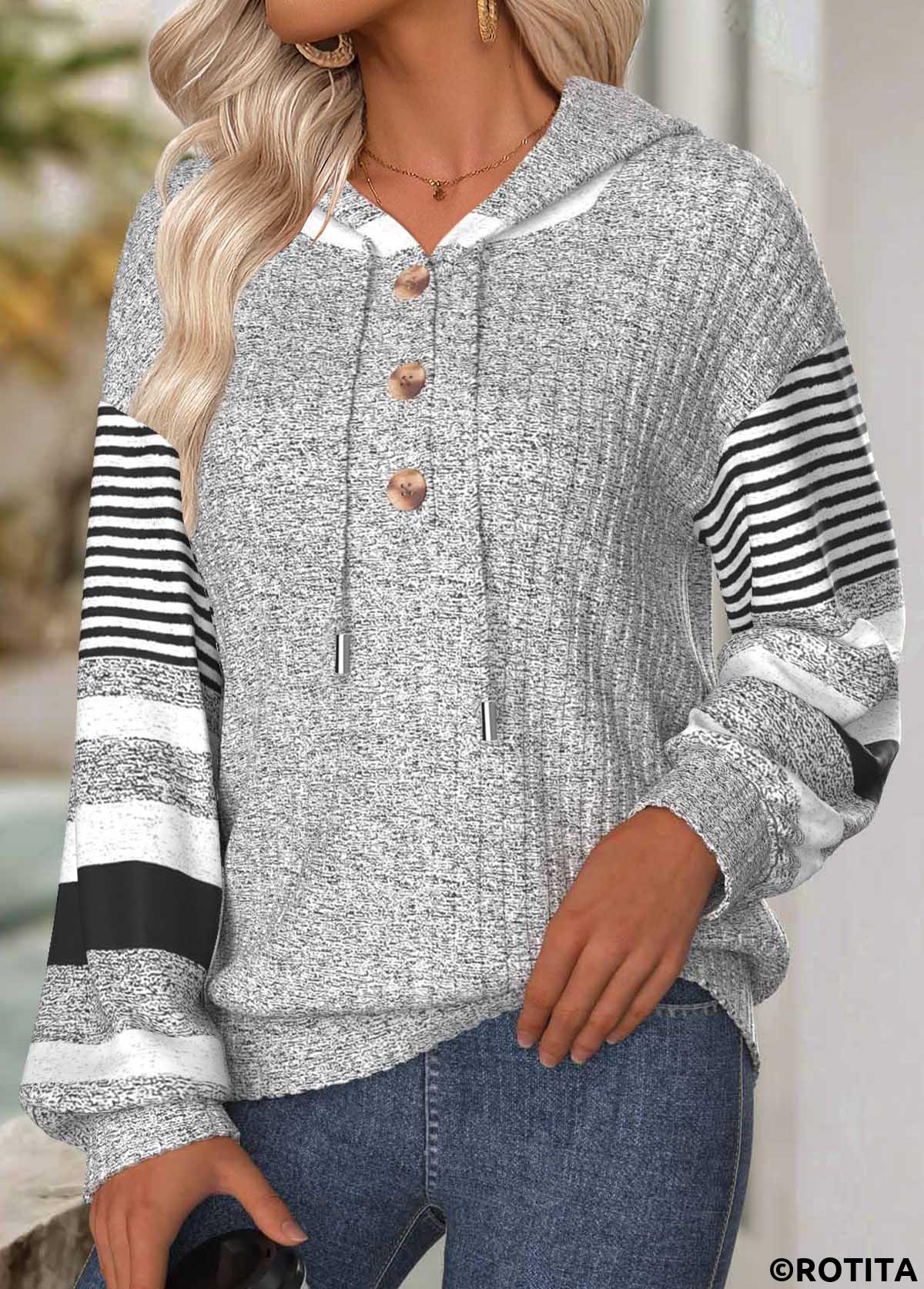 Light Grey tops,Striped tops,Geometric tops,ROTITA Tummy Coverage Striped Light Grey Long Sleeve Hoodie