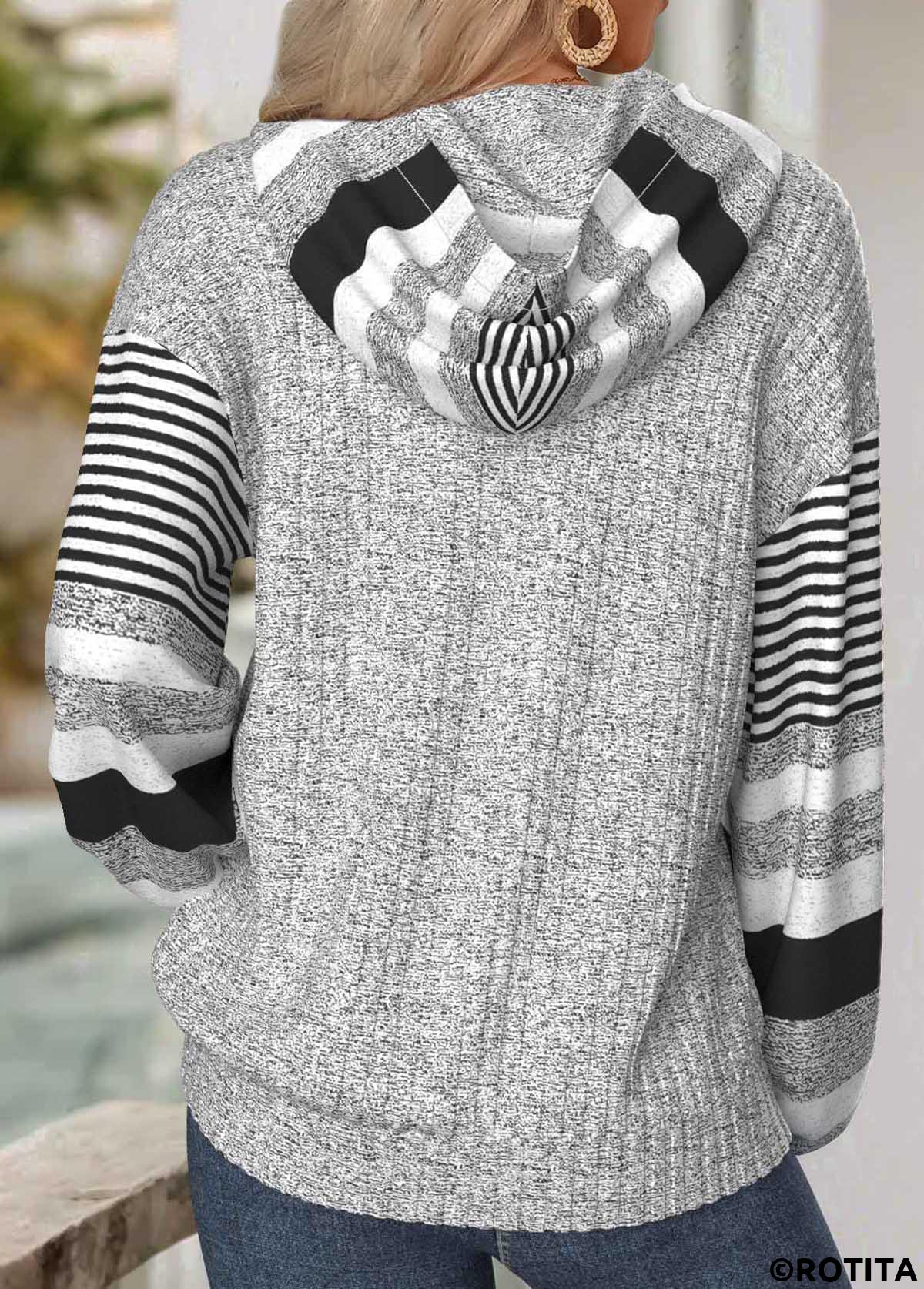 Light Grey tops,Striped tops,Geometric tops,ROTITA Tummy Coverage Striped Light Grey Long Sleeve Hoodie