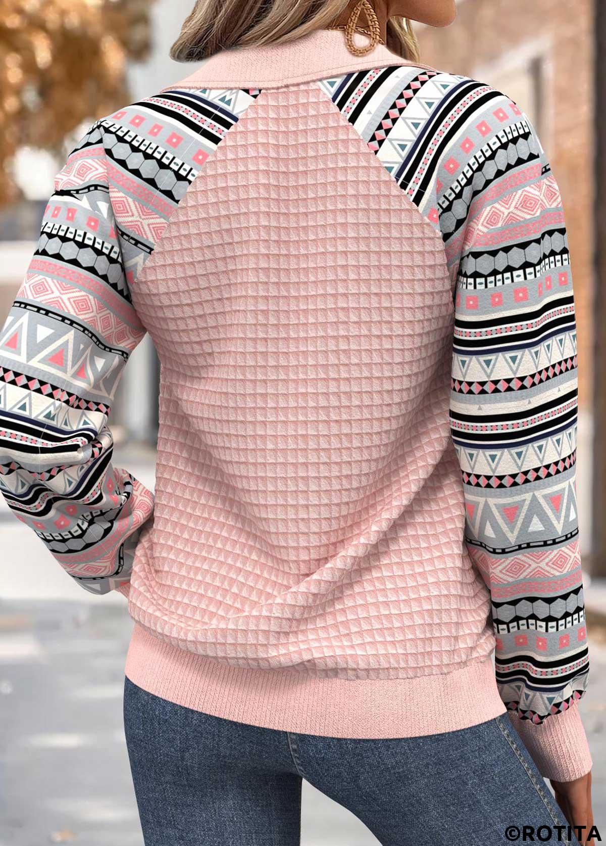 Light Pink tops,Geometric tops,ROTITA Tummy Coverage Geometric Print Light Pink Long Sleeve Sweatshirt