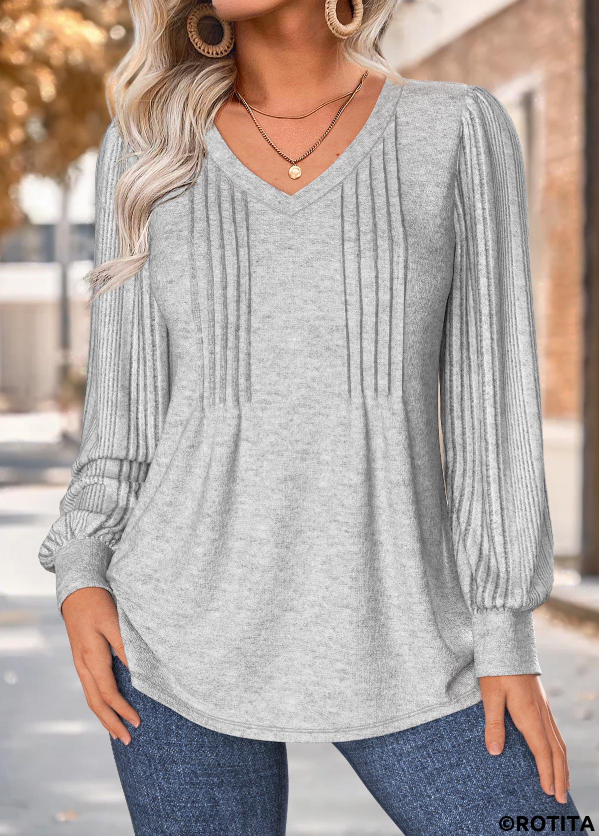 Light Grey Marl tops,Plain Color tops,ROTITA Tuck Stitch Light Grey Marl V Neck T Shirt