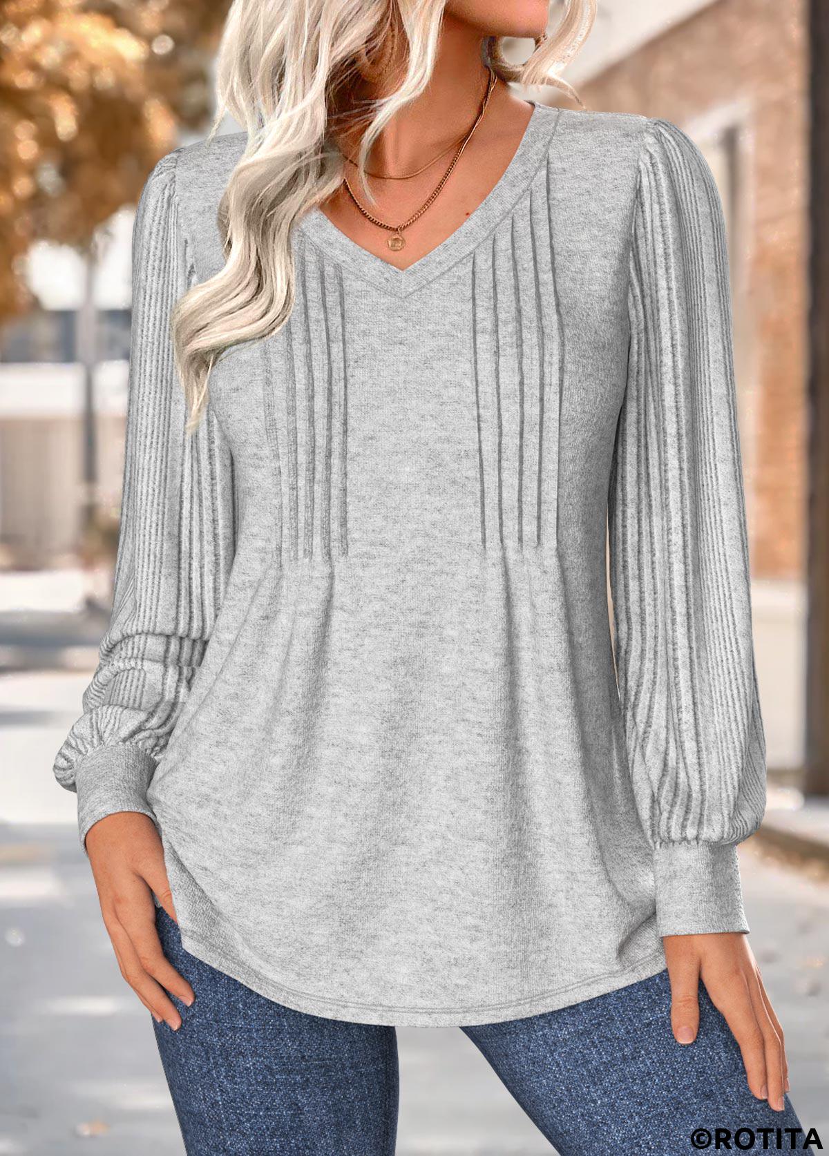 Light Grey Marl tops,Plain Color tops,ROTITA Tuck Stitch Light Grey Marl V Neck T Shirt