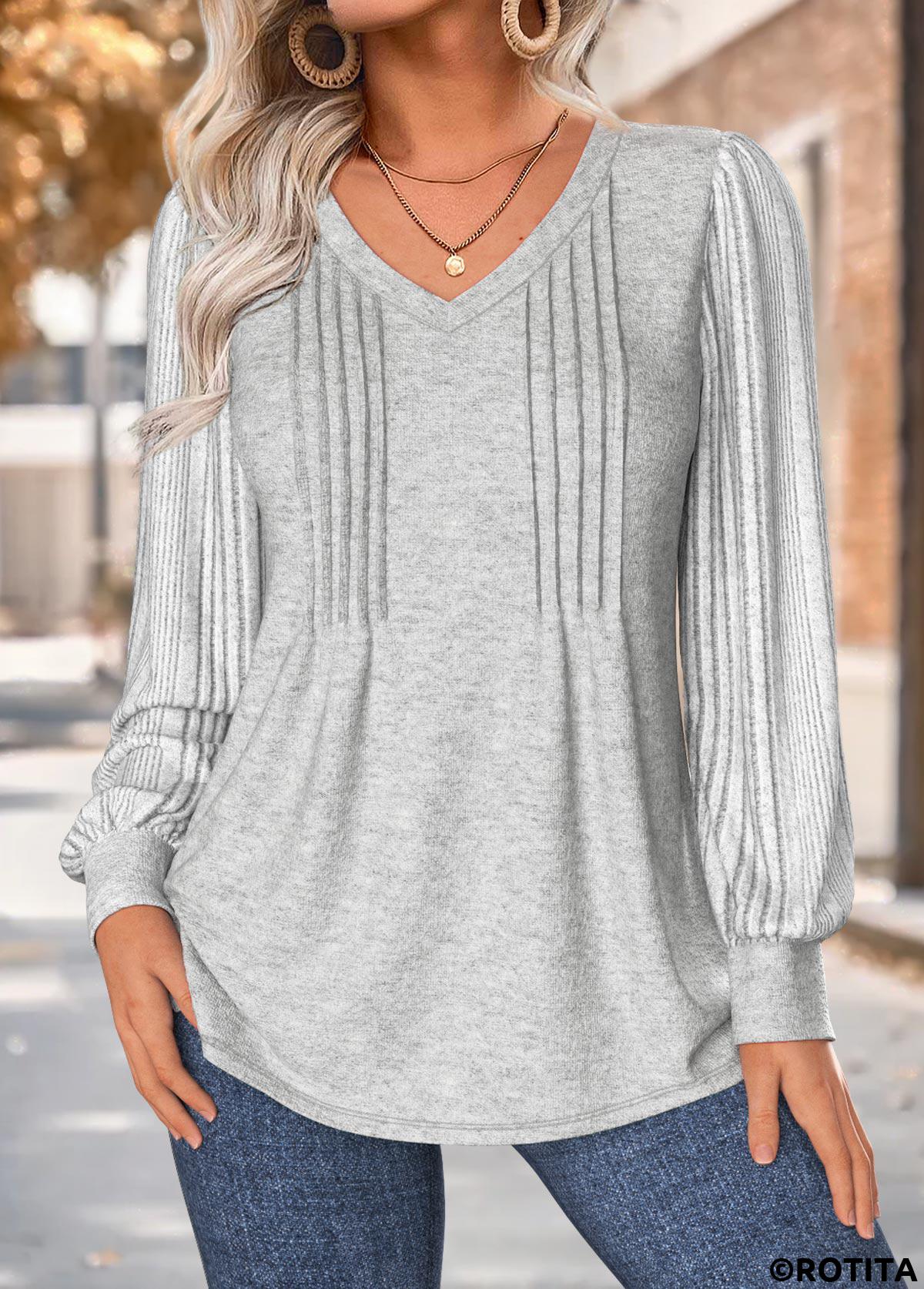Light Grey Marl tops,Plain Color tops,ROTITA Tuck Stitch Light Grey Marl V Neck T Shirt