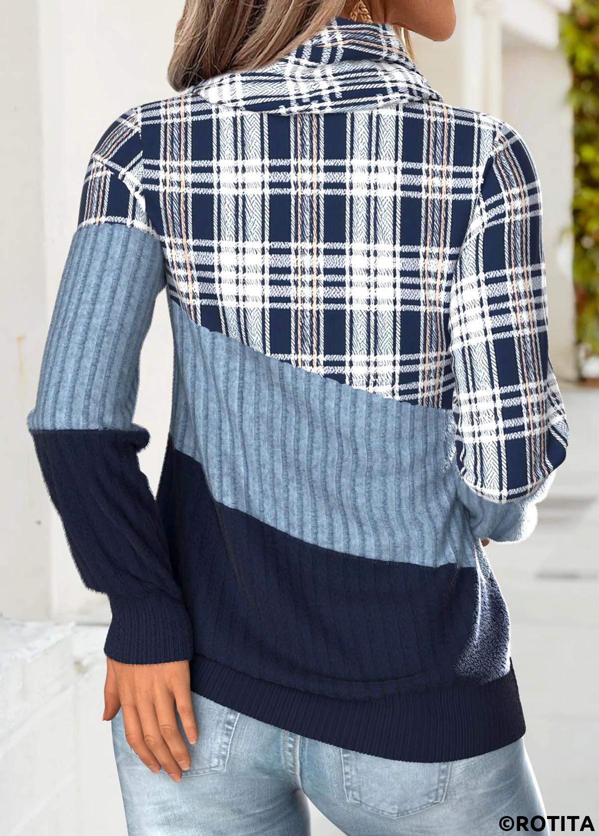 Blue tops,Plaid tops,Geometric tops,ROTITA Tummy Coverage Plaid Blue Cowl Neck Long Sleeve Sweatshirt