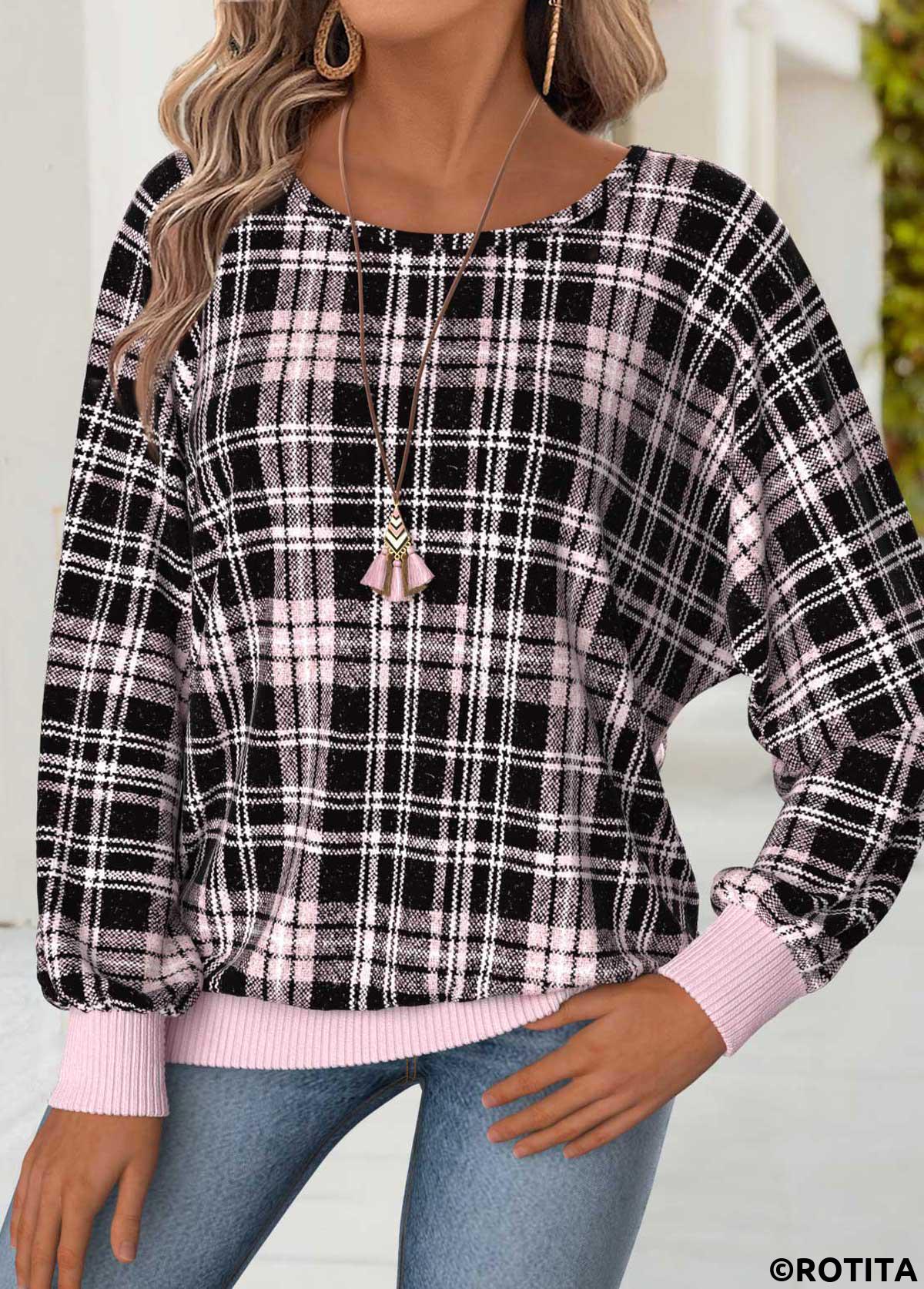 Light Pink tops,Plaid tops,Geometric tops,ROTITA Tummy Coverage Plaid Light Pink Round Neck T Shirt