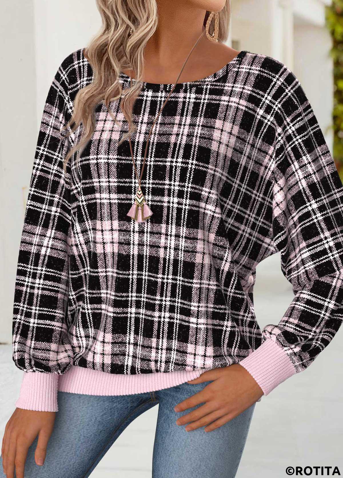 Light Pink tops,Plaid tops,Geometric tops,ROTITA Tummy Coverage Plaid Light Pink Round Neck T Shirt