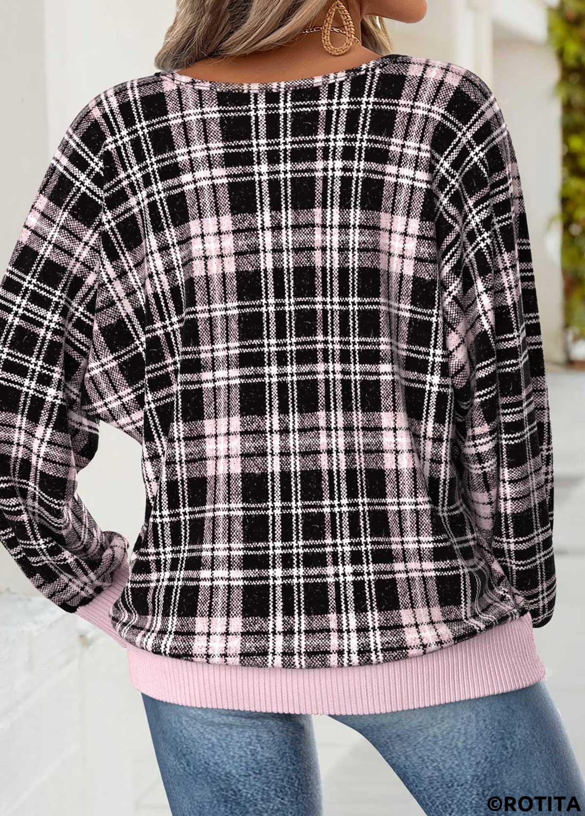 Light Pink tops,Plaid tops,Geometric tops,ROTITA Tummy Coverage Plaid Light Pink Round Neck T Shirt