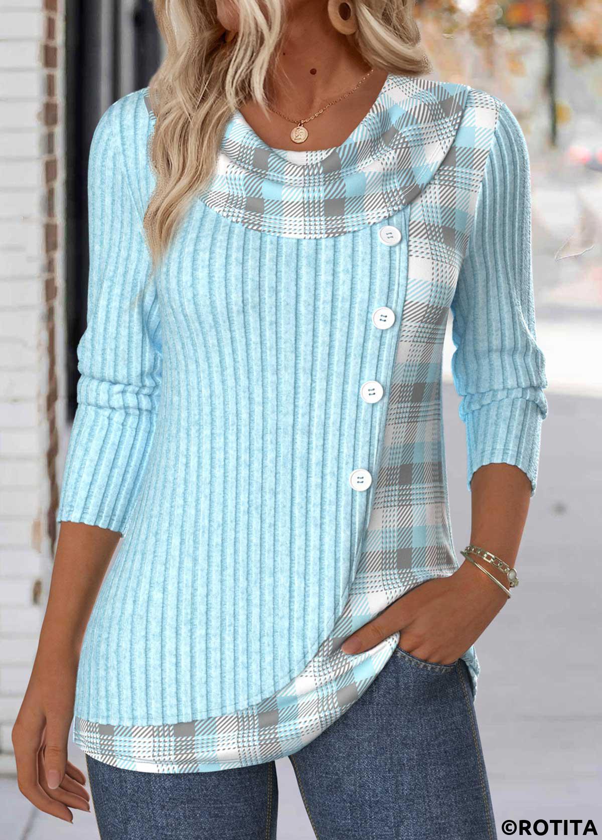 Light Blue tops,Plaid tops,Geometric tops,ROTITA Tummy Coverage Plaid Light Blue Draped Neck T Shirt