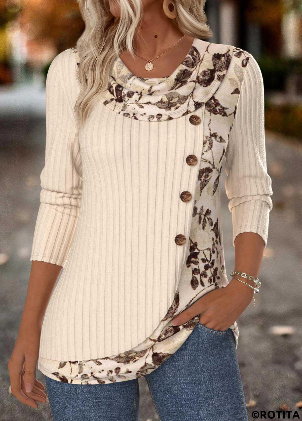 Beige tops,Floral tops,Plants tops,ROTITA Tummy Coverage Floral Print Beige Draped Neck T Shirt