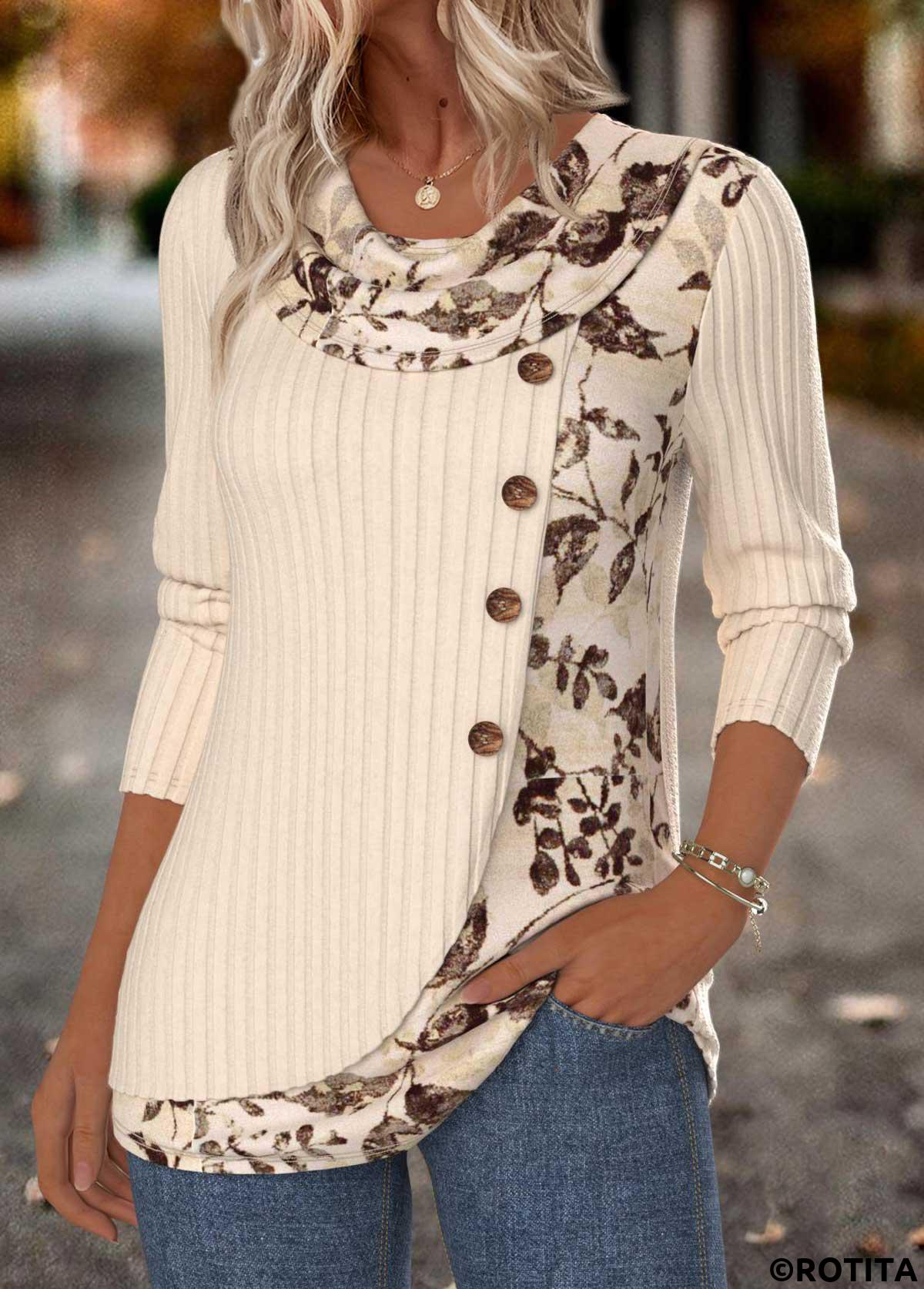 Beige tops,Floral tops,Plants tops,ROTITA Tummy Coverage Floral Print Beige Draped Neck T Shirt