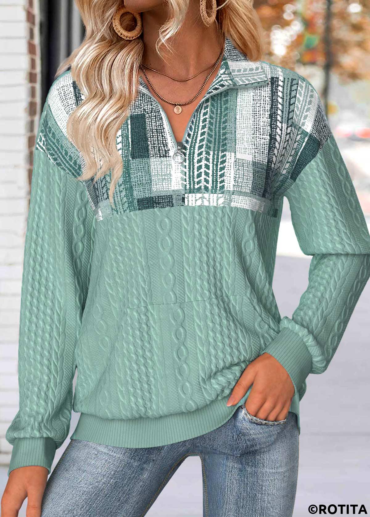 Sage Green tops,Geometric tops,ROTITA Tummy Coverage Geometric Print Sage Green Long Sleeve Sweatshirt