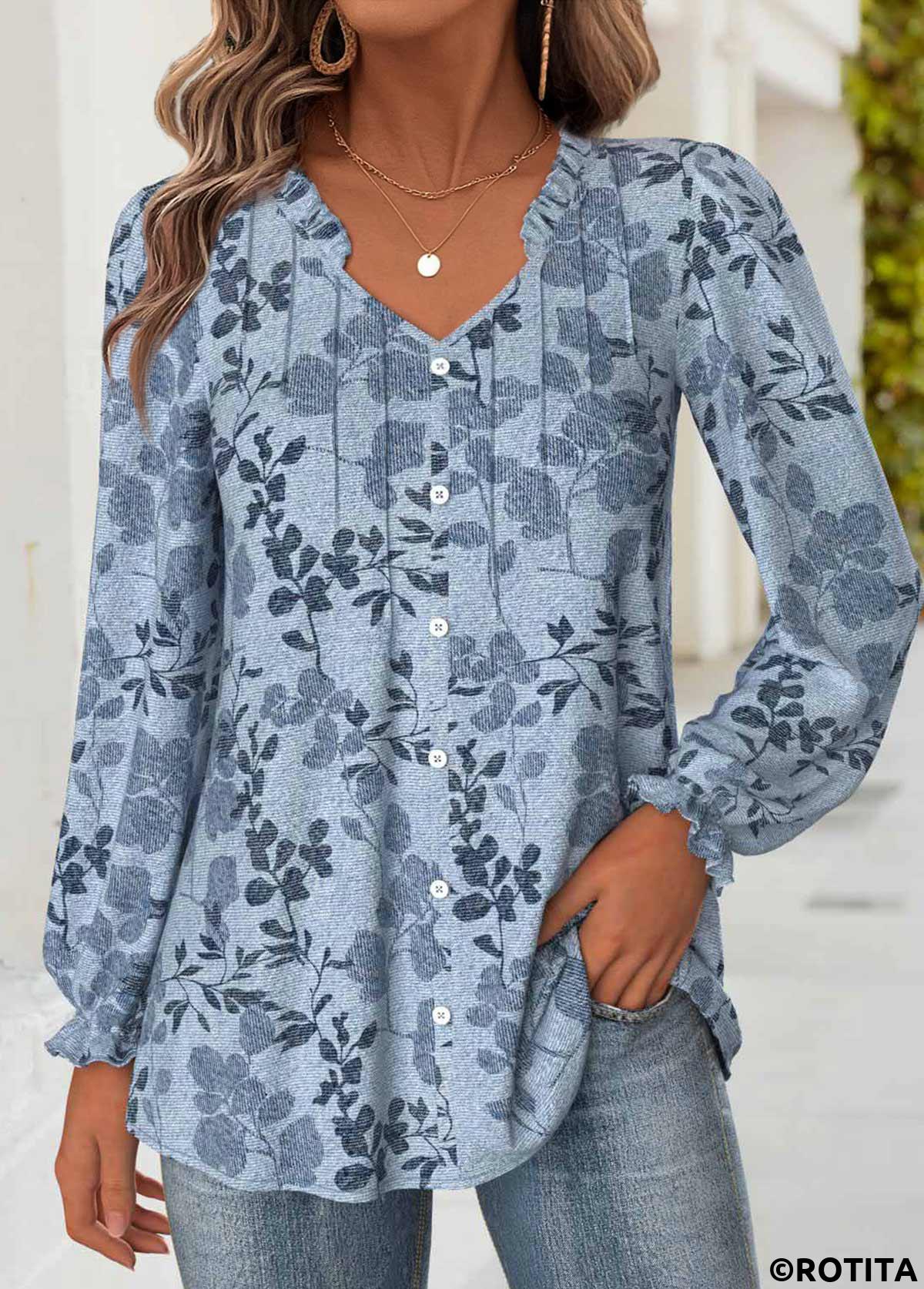 Denim Blue tops,Plants tops,ROTITA Tummy Coverage Leaf Print Denim Blue V Neck Blouse