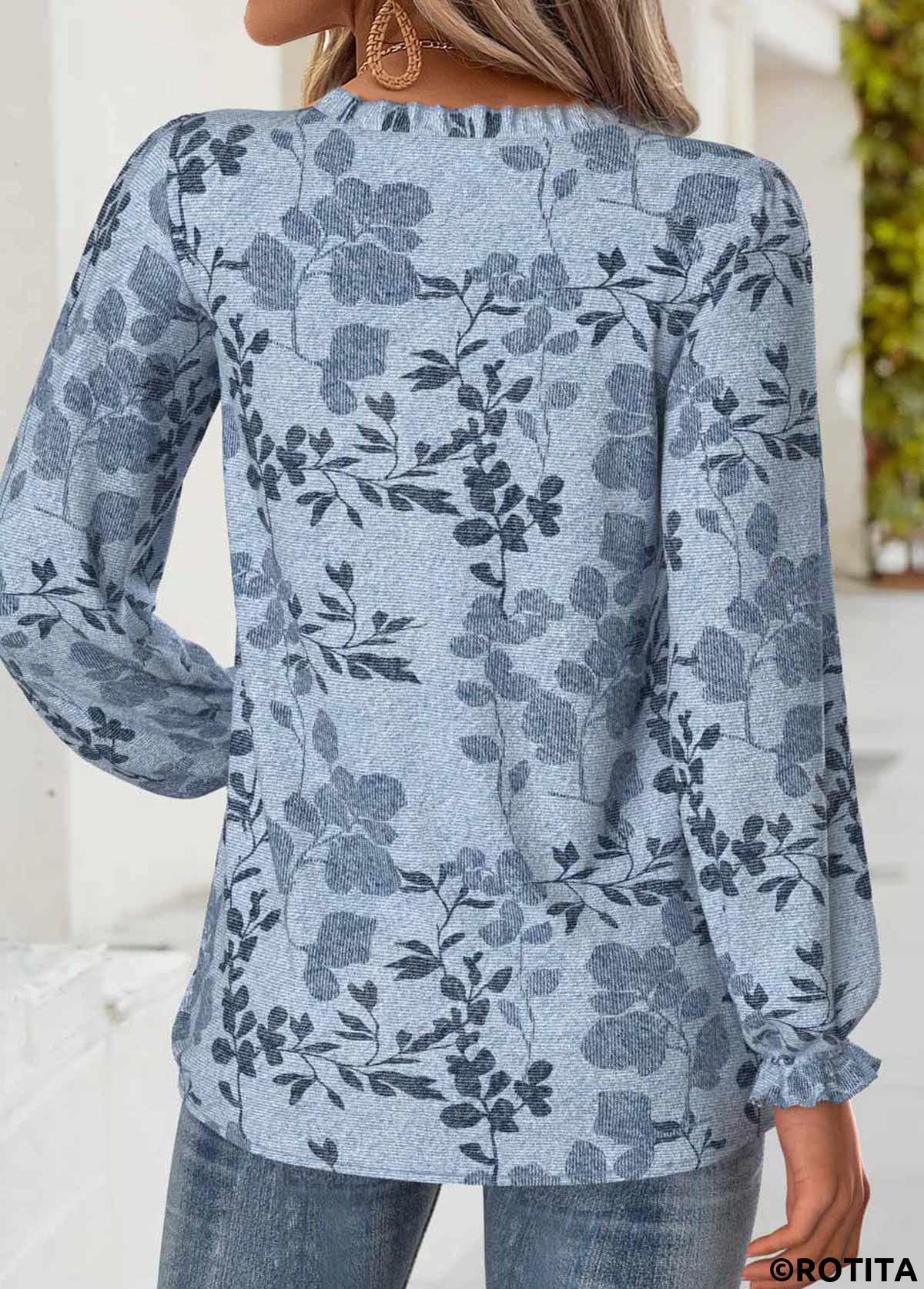 Denim Blue tops,Plants tops,ROTITA Tummy Coverage Leaf Print Denim Blue V Neck Blouse